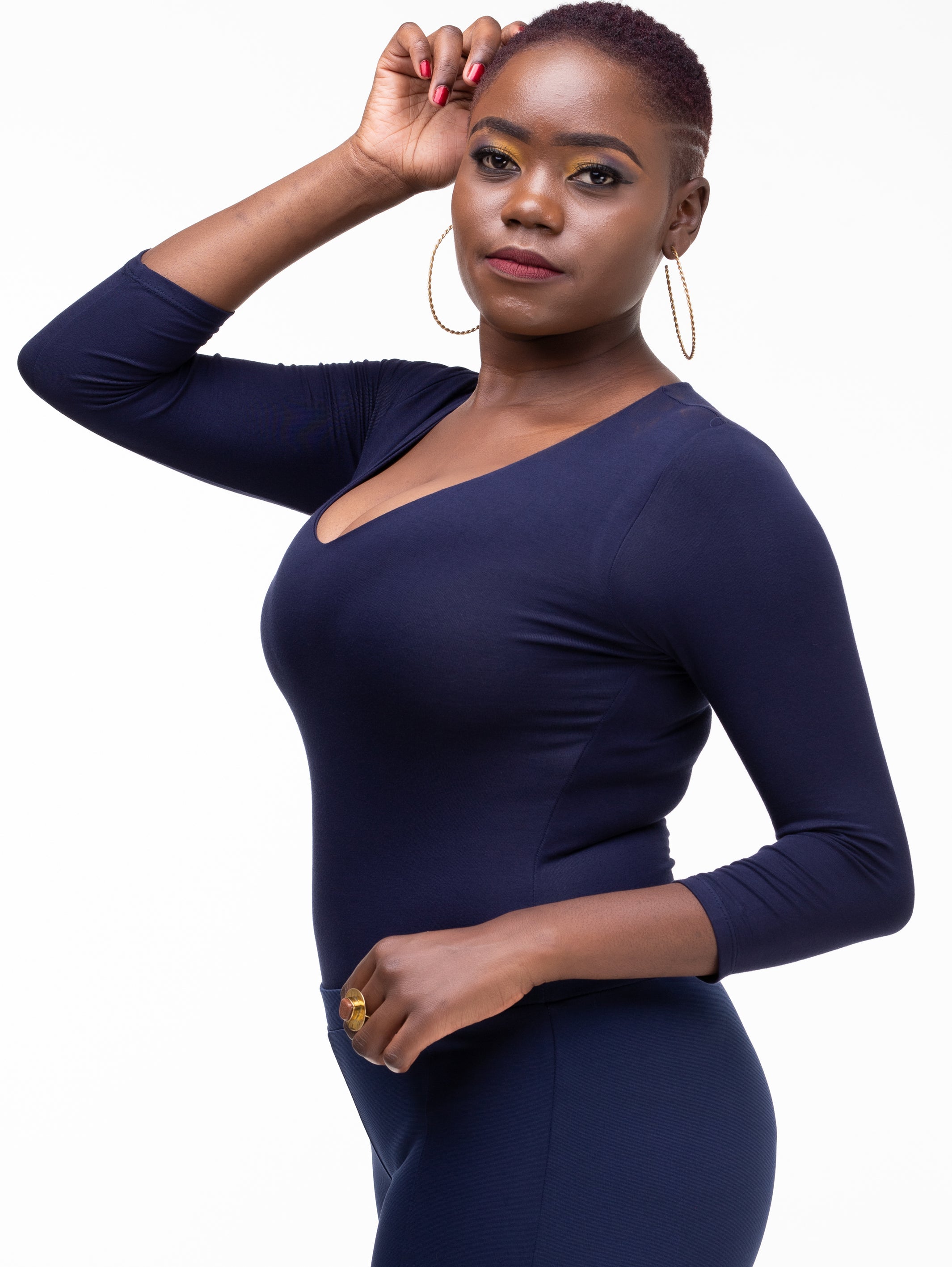 Vivo Basic 3/4 Sleeved Double Layered Bodysuit - Navy Blue