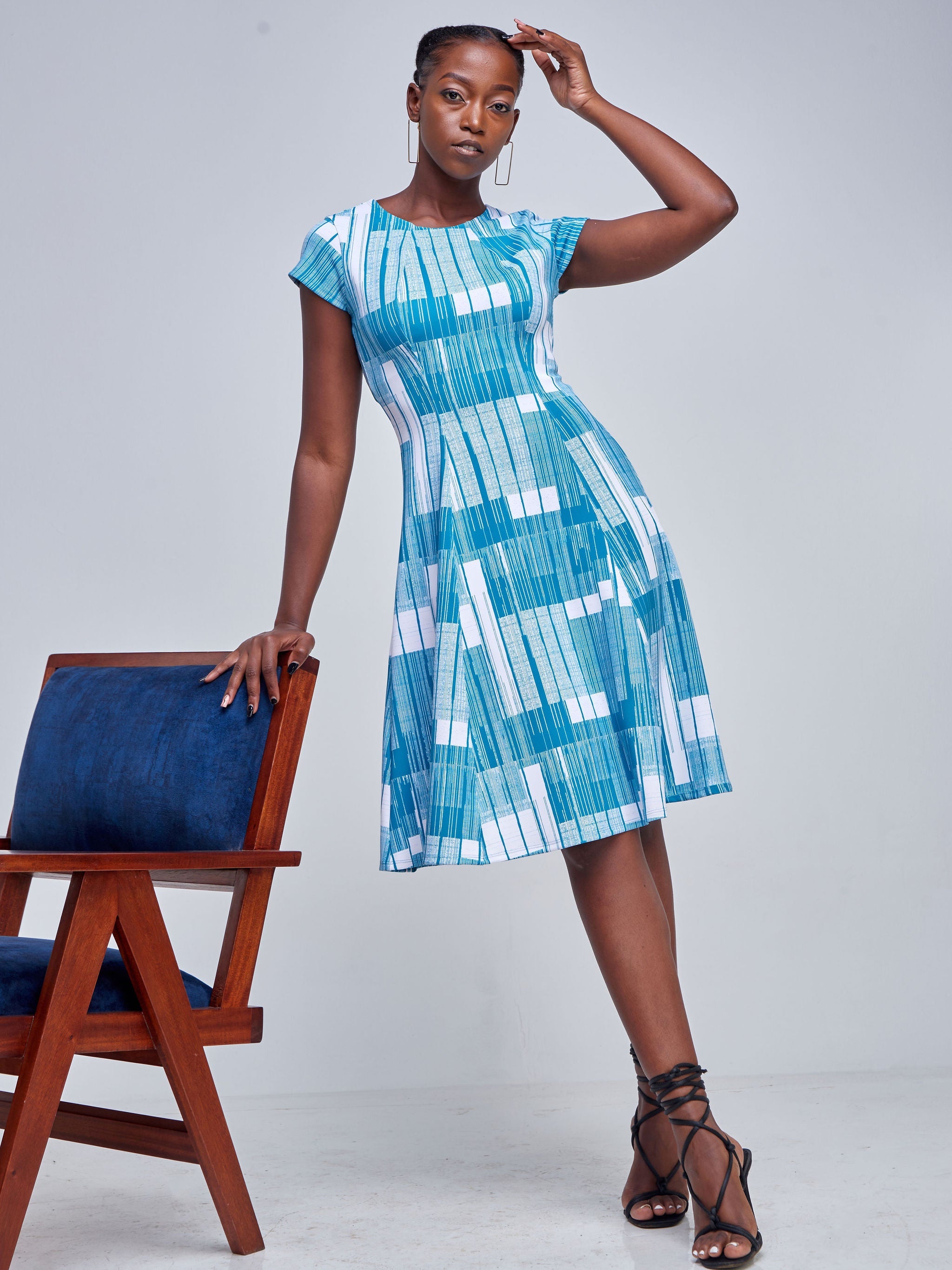 Vivo Tatili Cap Sleeved Panelled A-Line Dress - Teal Barcode Abstract Print