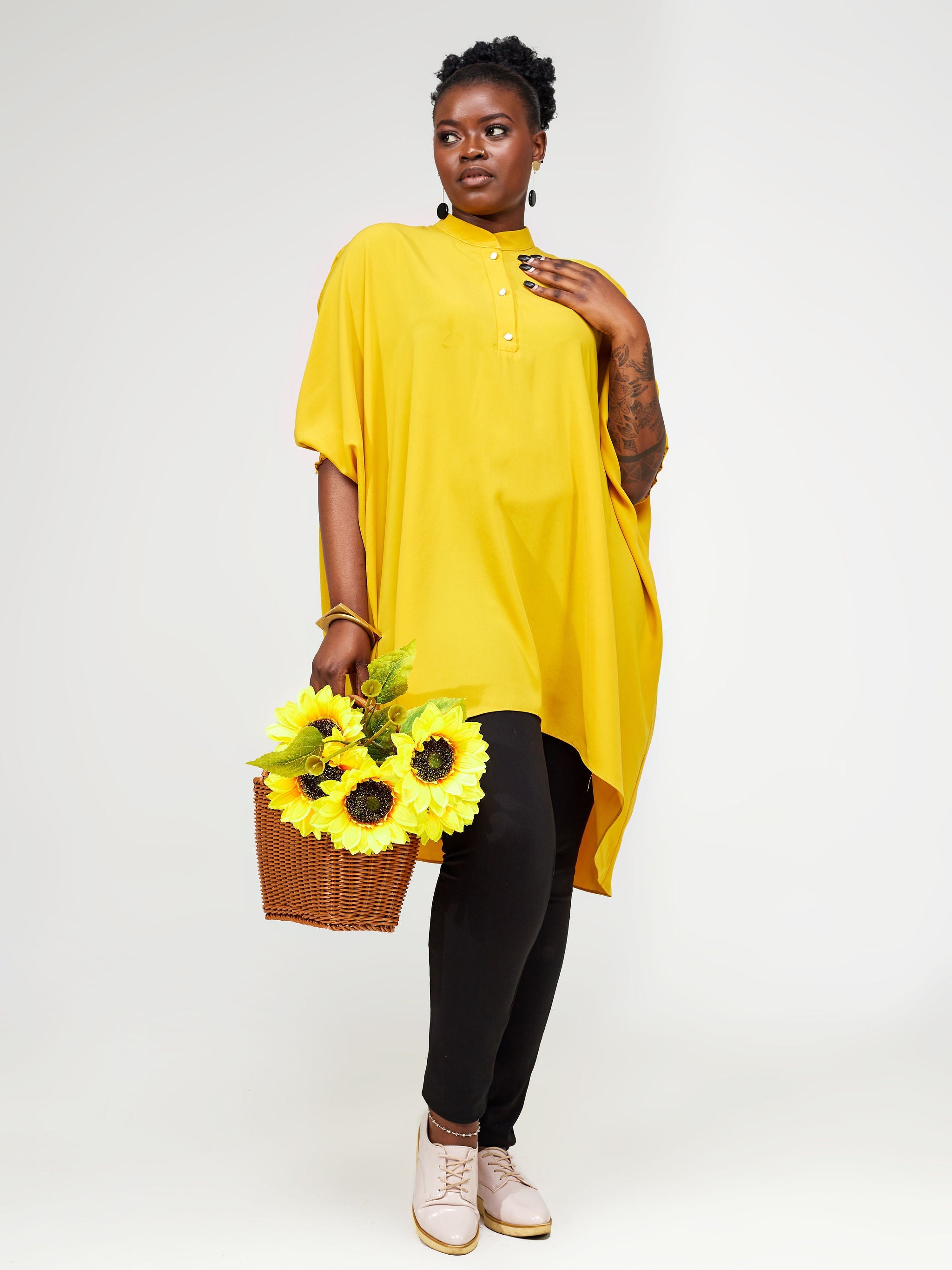 Vivo Wastani 3/4 Shirred Sleeve Wide Tunic - Mustard