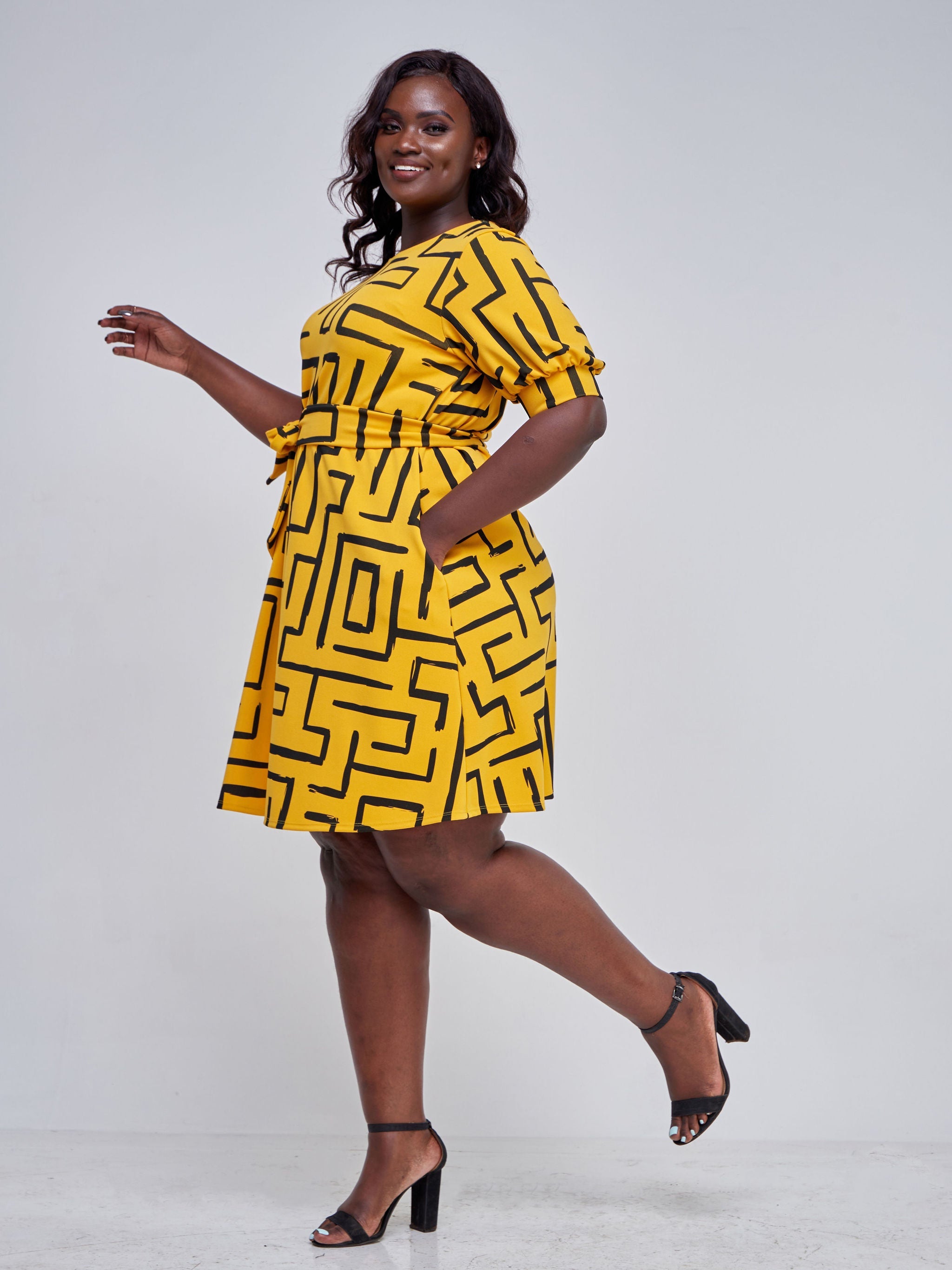 Vivo Imara Puff Sleeve Tent Dress - Yellow / Black Abstract Print