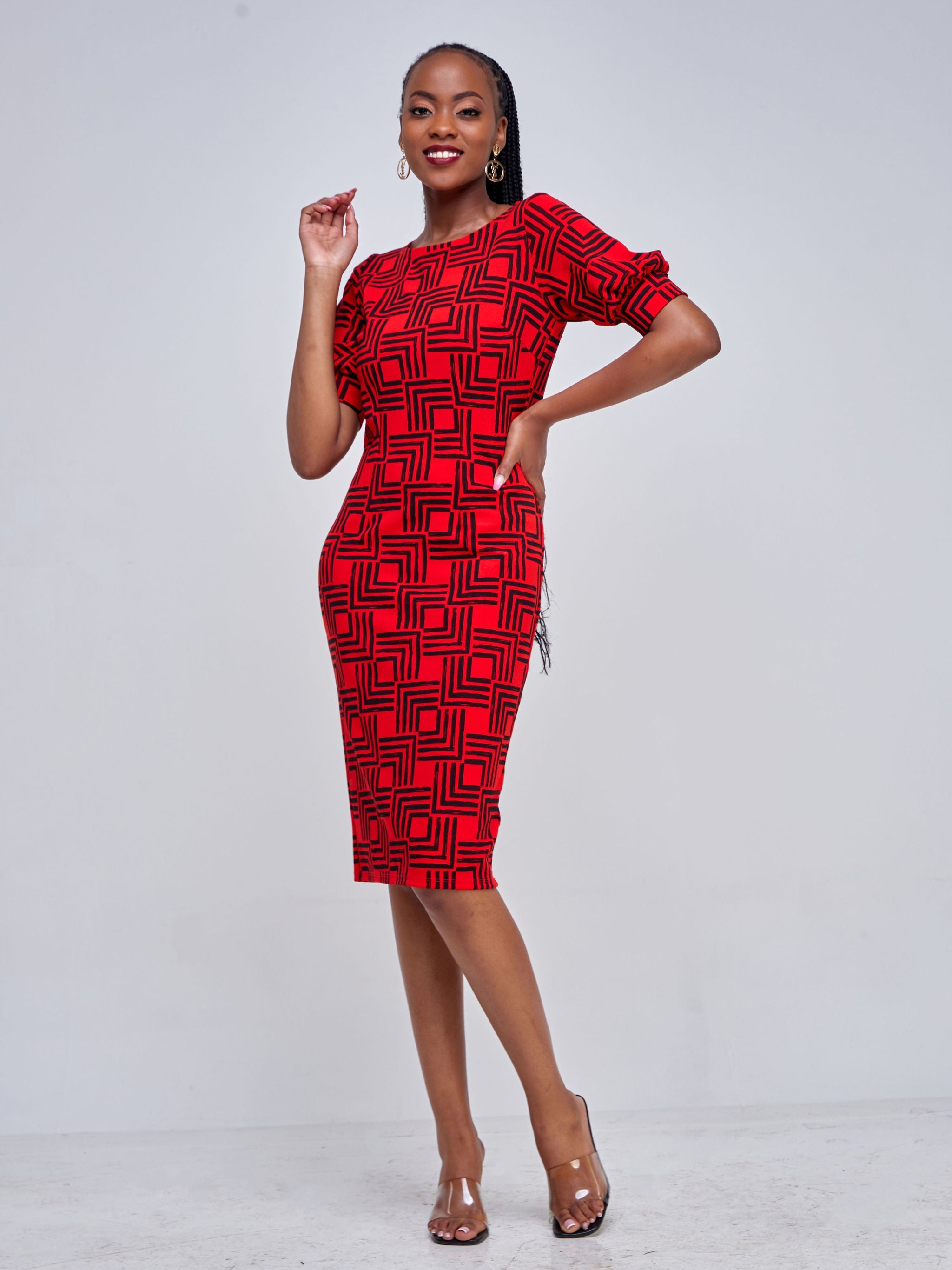 Vivo Imara Puff Sleeve Sheath Dress - Red / Black Abstract Print