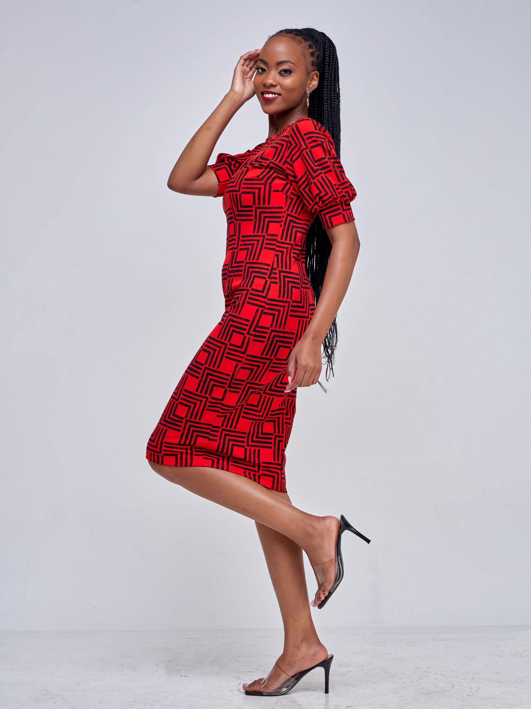 Vivo Imara Puff Sleeve Sheath Dress - Red / Black Abstract Print