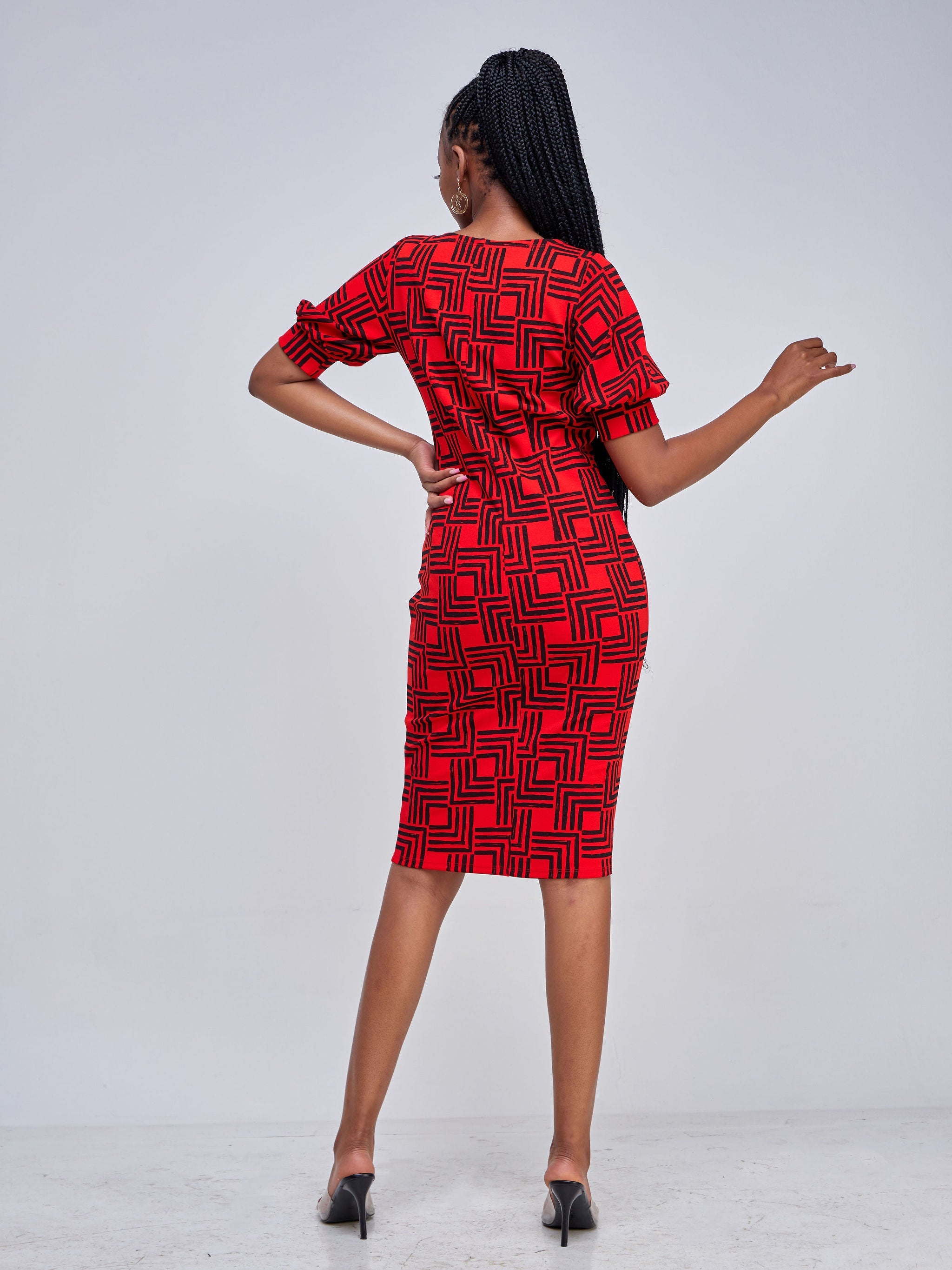 Vivo Imara Puff Sleeve Sheath Dress - Red / Black Abstract Print