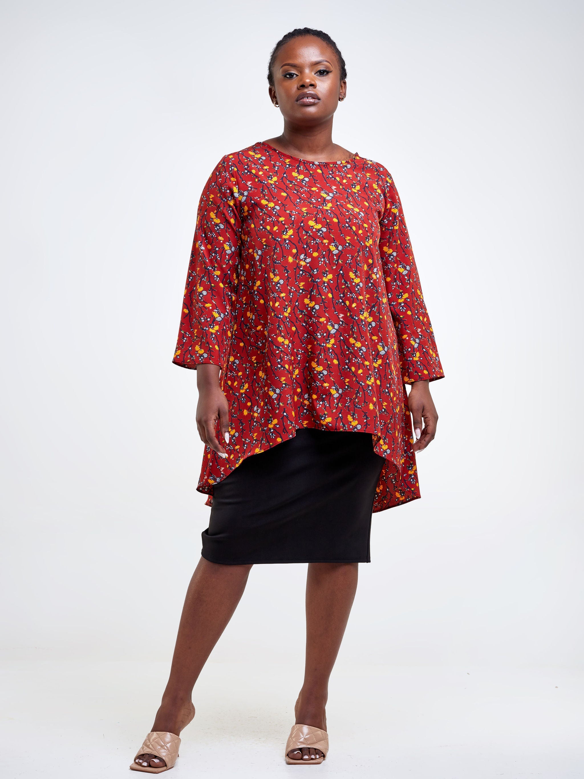 Vivo Luna 3/4 Sleeve High Low Top - Rust / Orange Floral Print