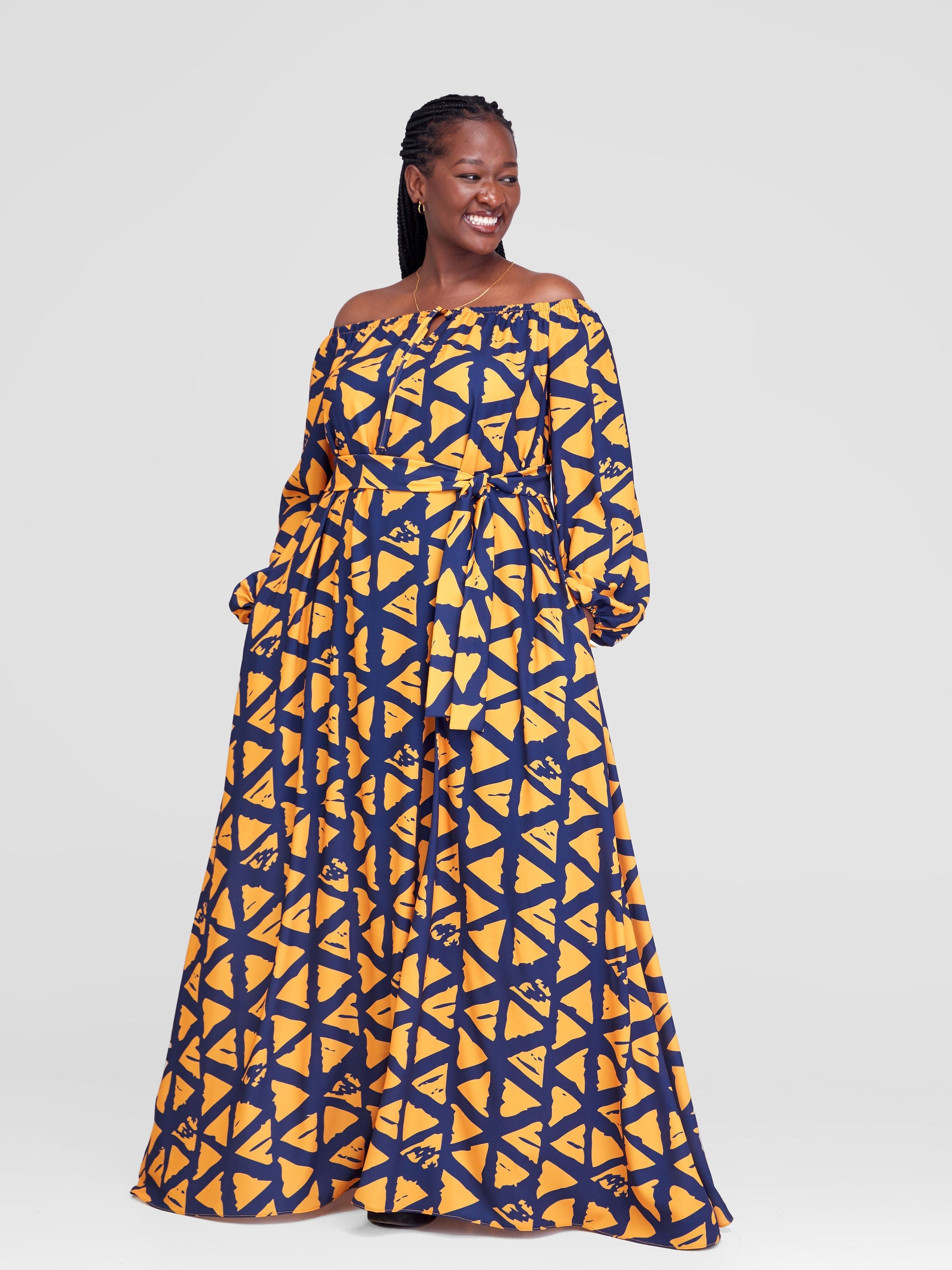 Vivo Zahari Off-Shoulder Maxi Dress - Mustard / Navy Blue Triangle Batik Print