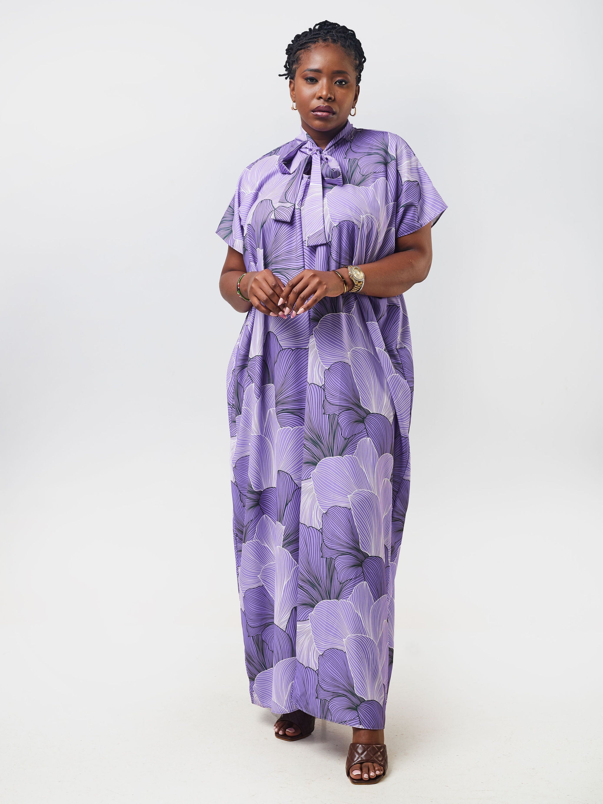 Vivo Asika Bow Kaftan - Purple / Black Floral Print