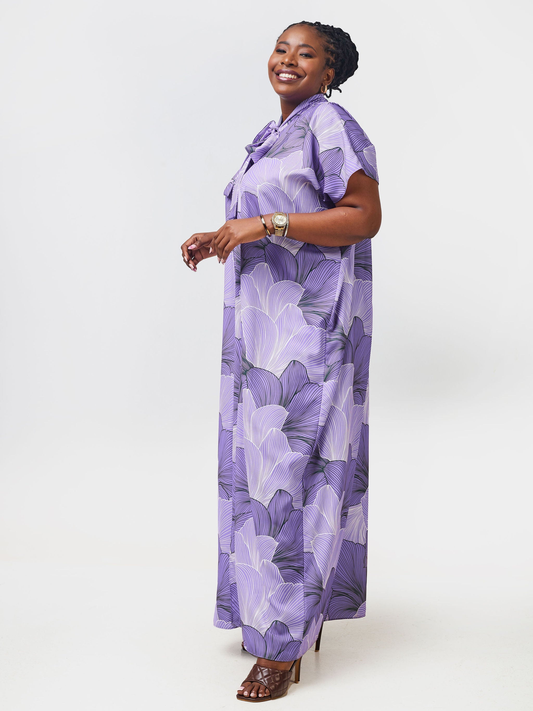 Vivo Asika Bow Kaftan - Purple / Black Floral Print