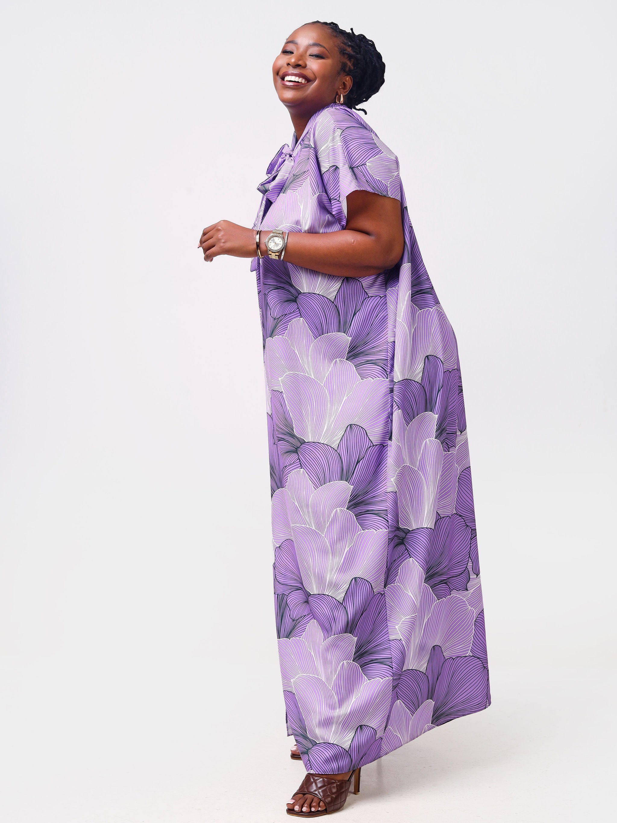 Vivo Asika Bow Kaftan - Purple / Black Floral Print