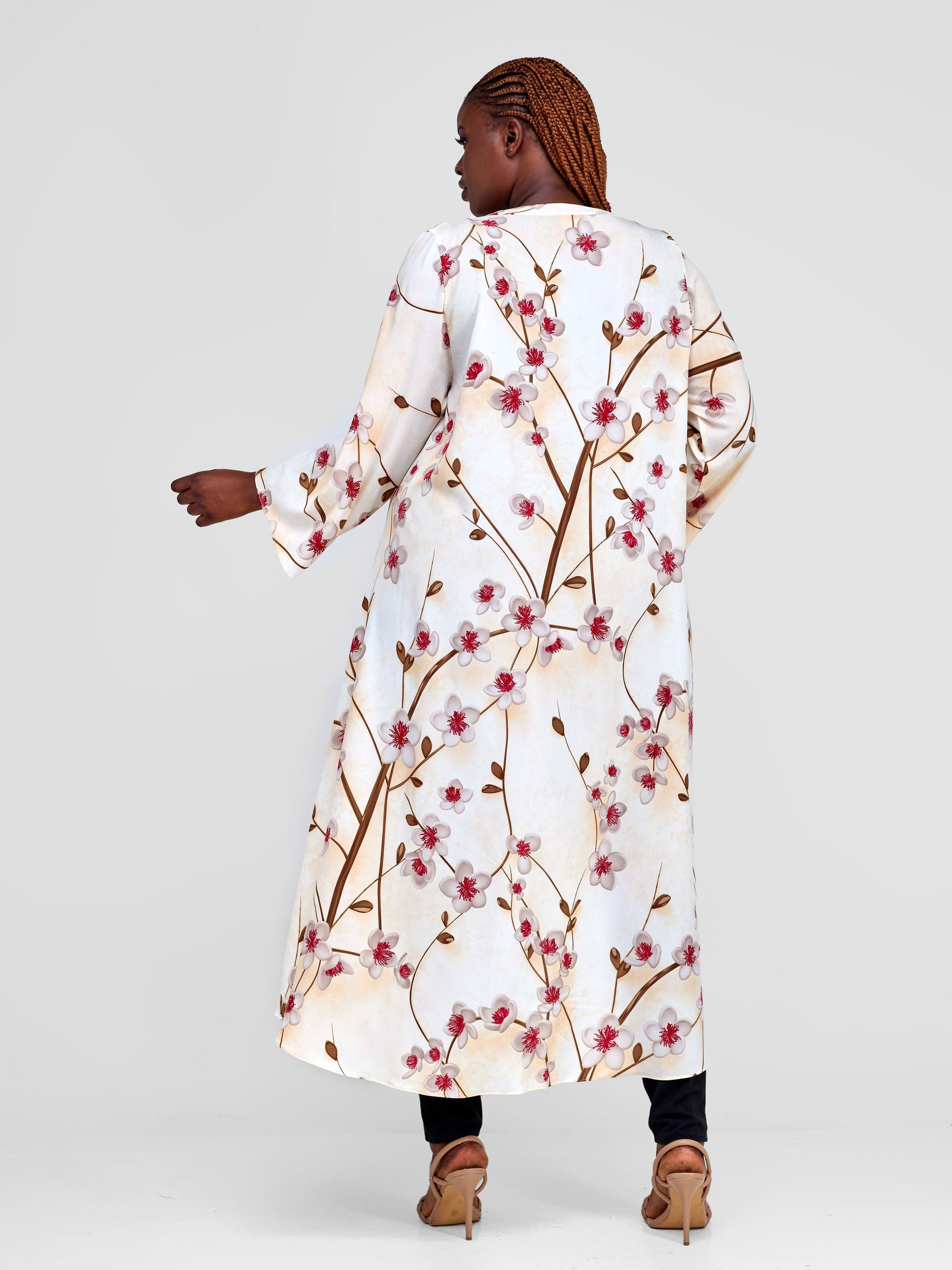 Vivo Maisha Long Sleeve High Low Kimono - Cream / Taupe Floral Print