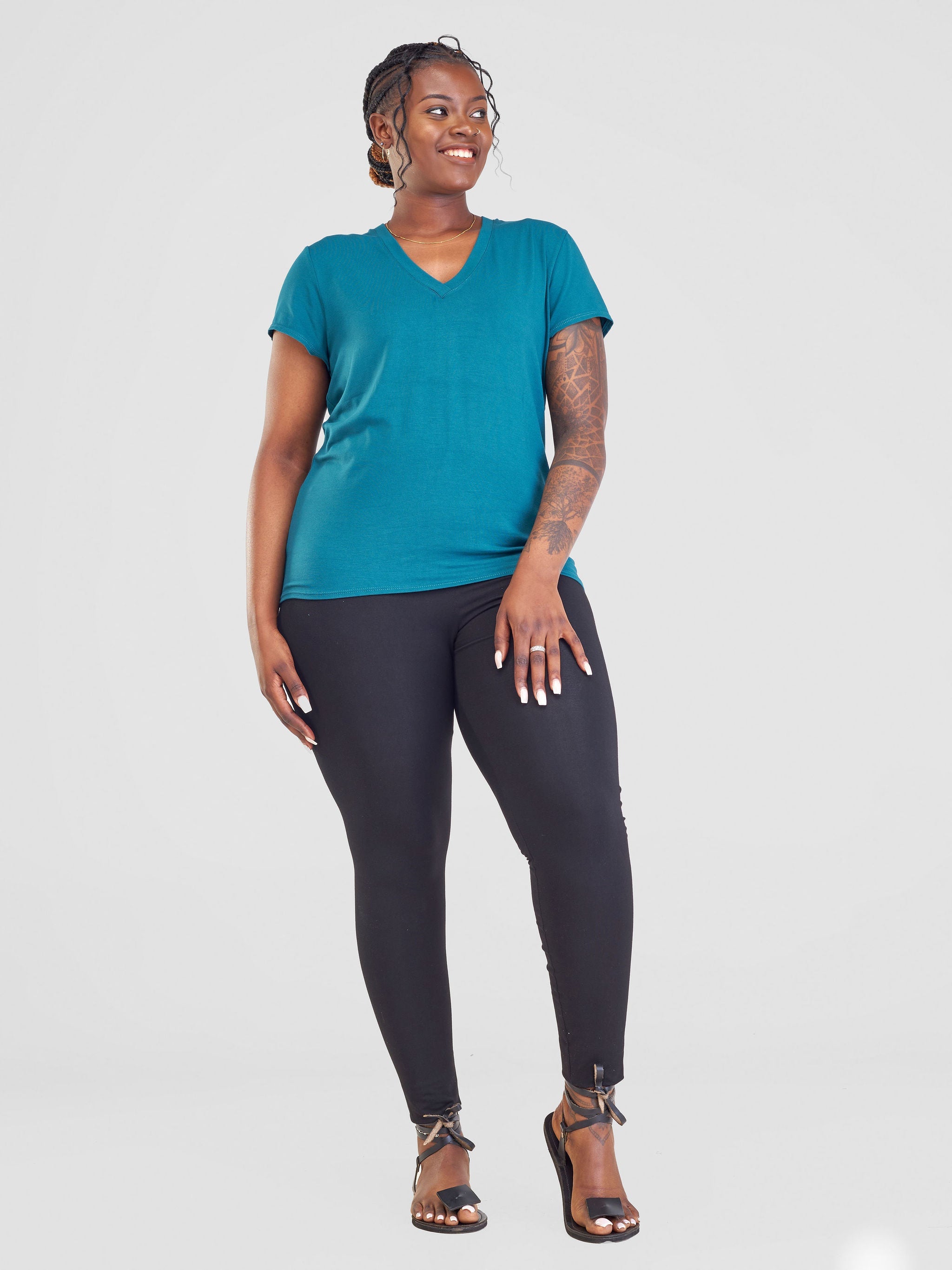 Vivo Basic V-neck Cap Sleeve Top - Teal