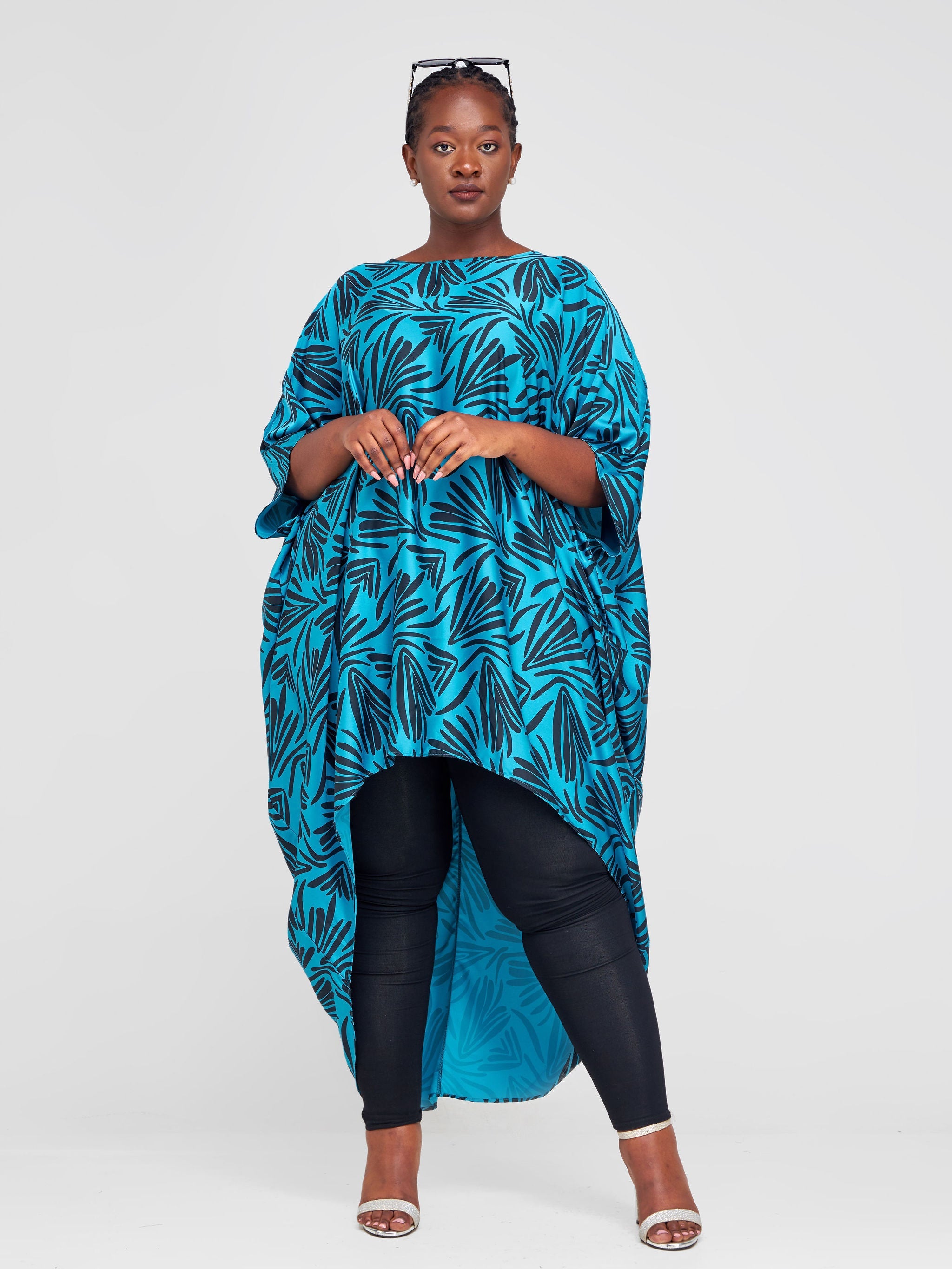 Vivo Lani Satin High Low Dress - Teal / Black Abstract Print