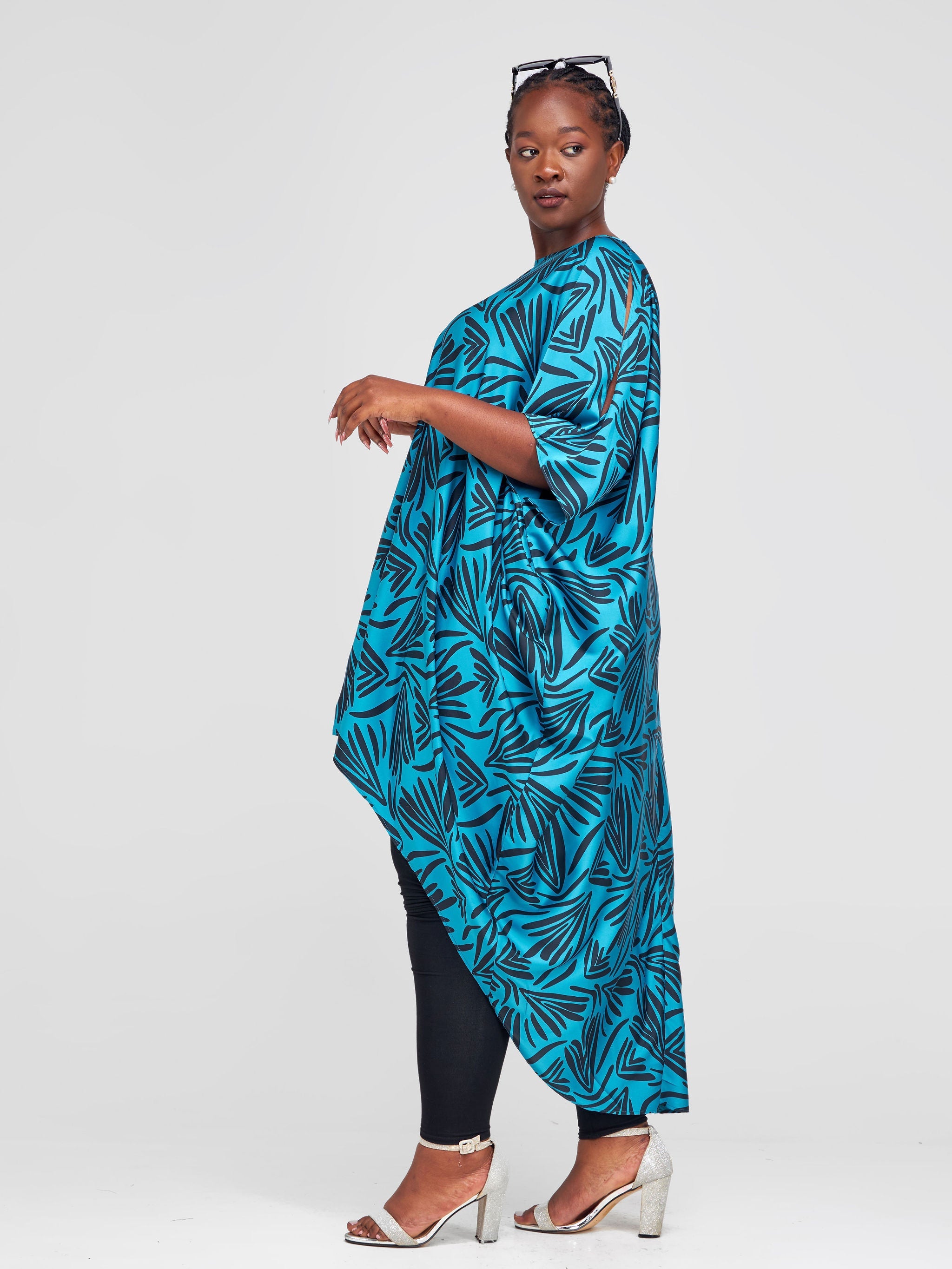 Vivo Lani Satin High Low Dress - Teal / Black Abstract Print