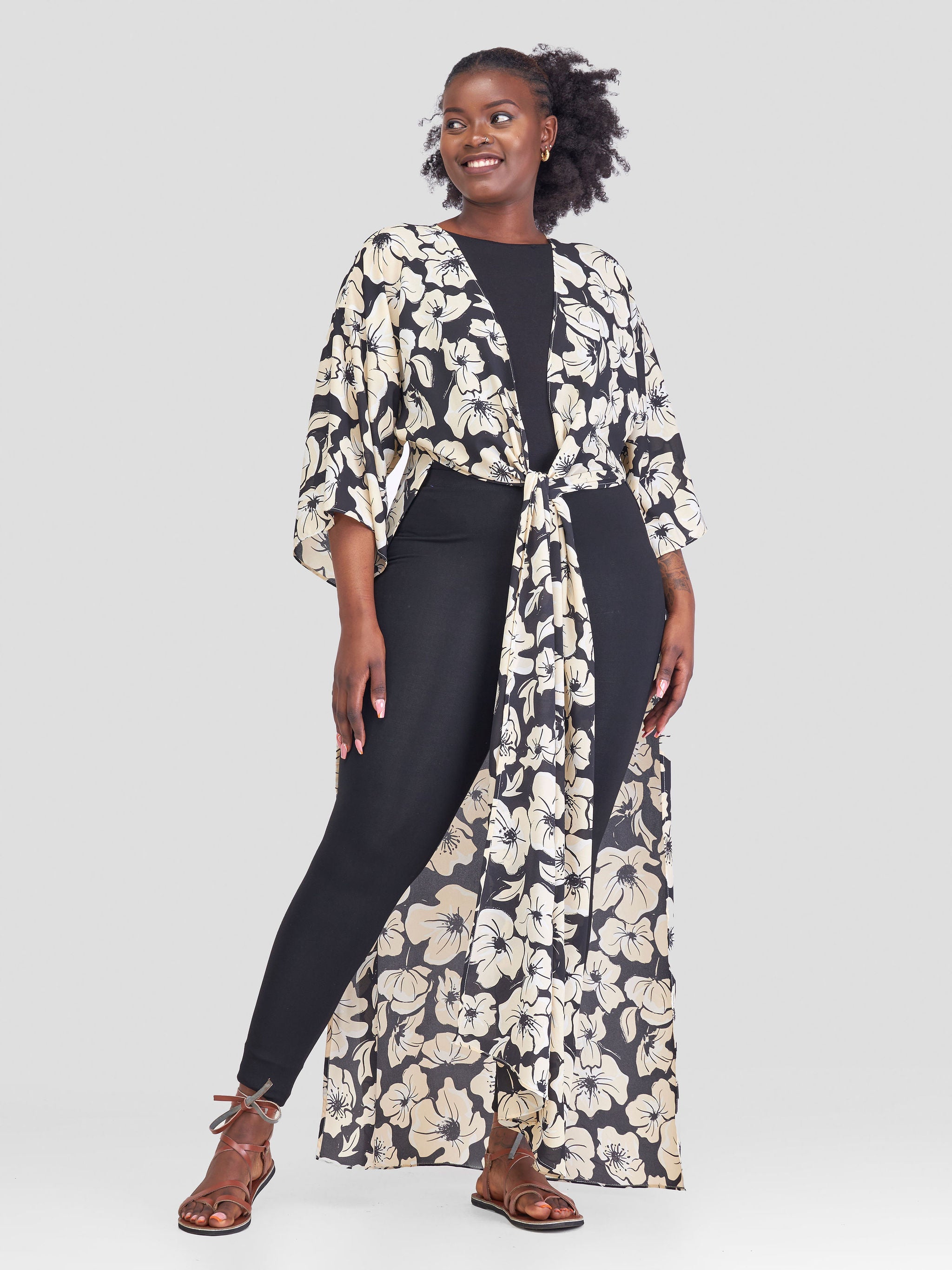 Vivo Maisha High Slit Kimono - Cream Black Print