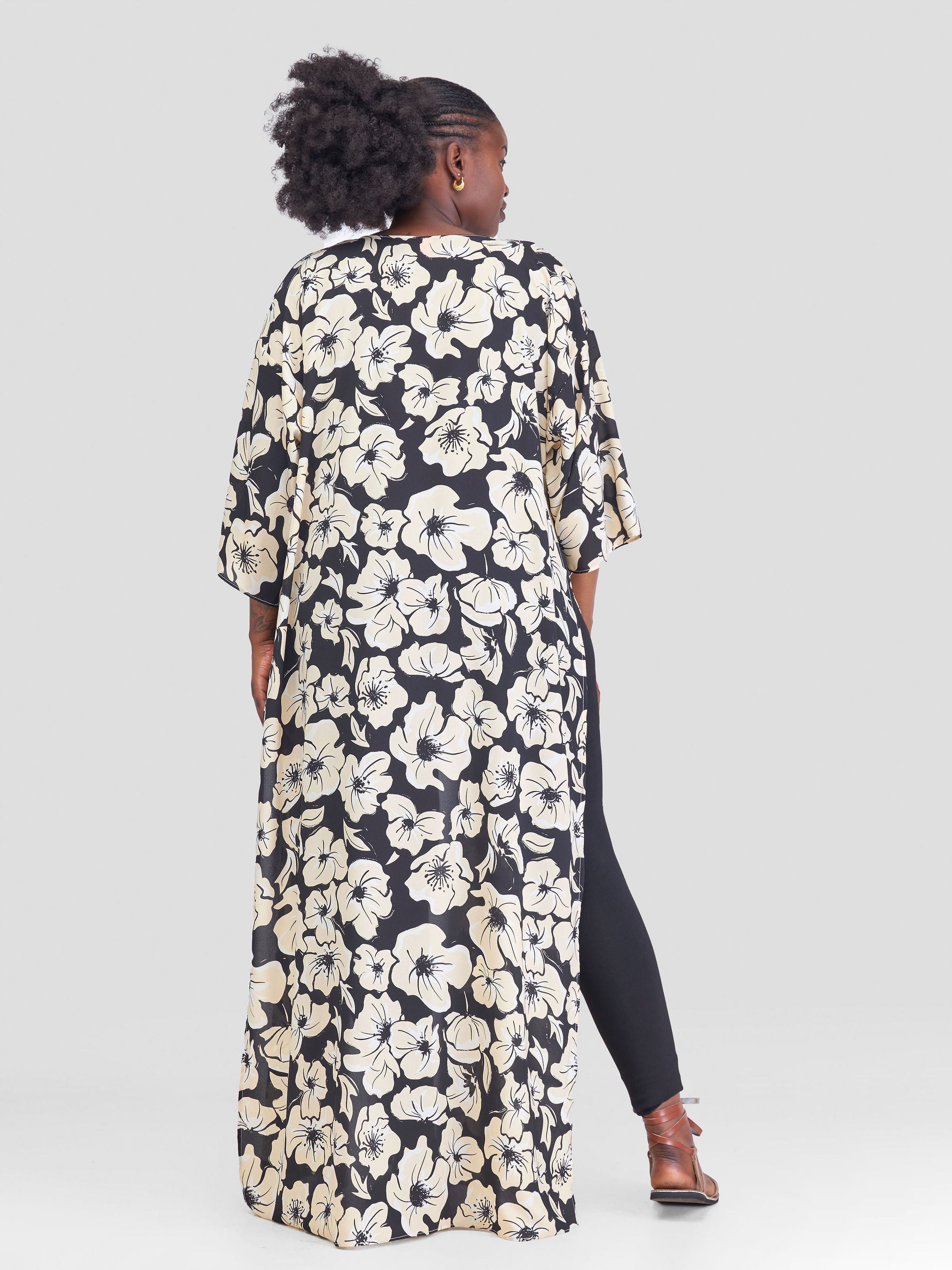 Vivo Maisha High Slit Kimono - Cream Black Print