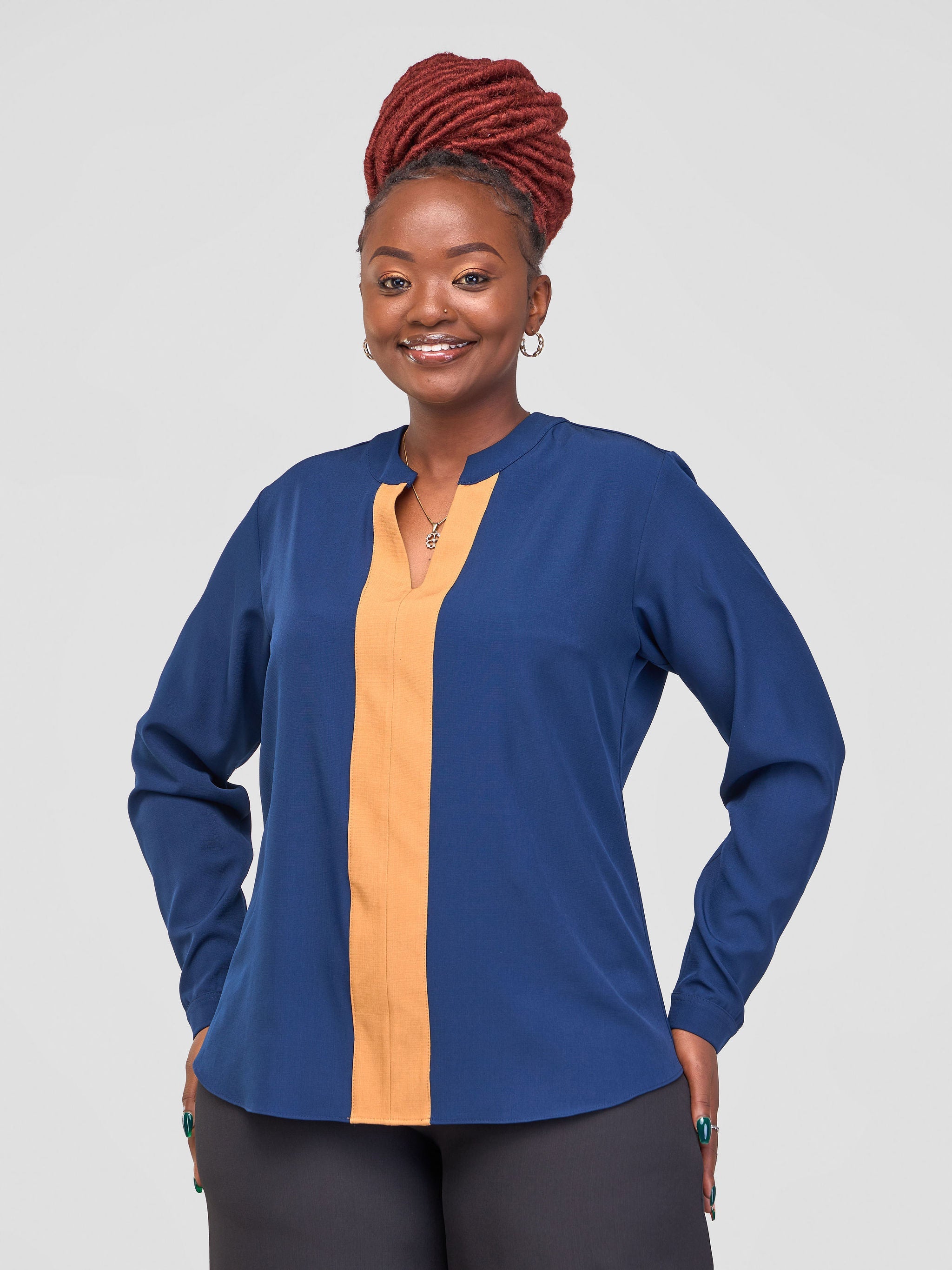 Vivo Ajani Mandarin V-Neck Collar Top - Navy Blue / Gold