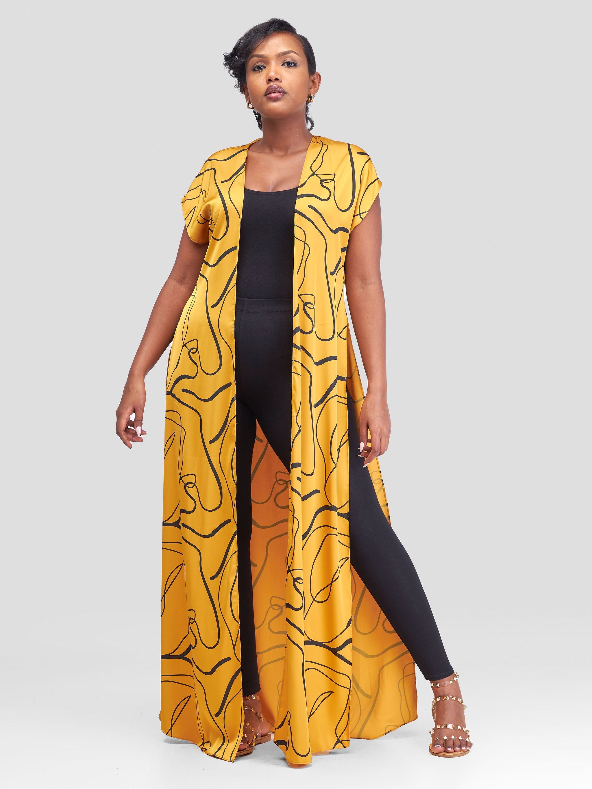 Vivo Sawari Drop Shoulder Maxi Kimono - Mustard / Black Print