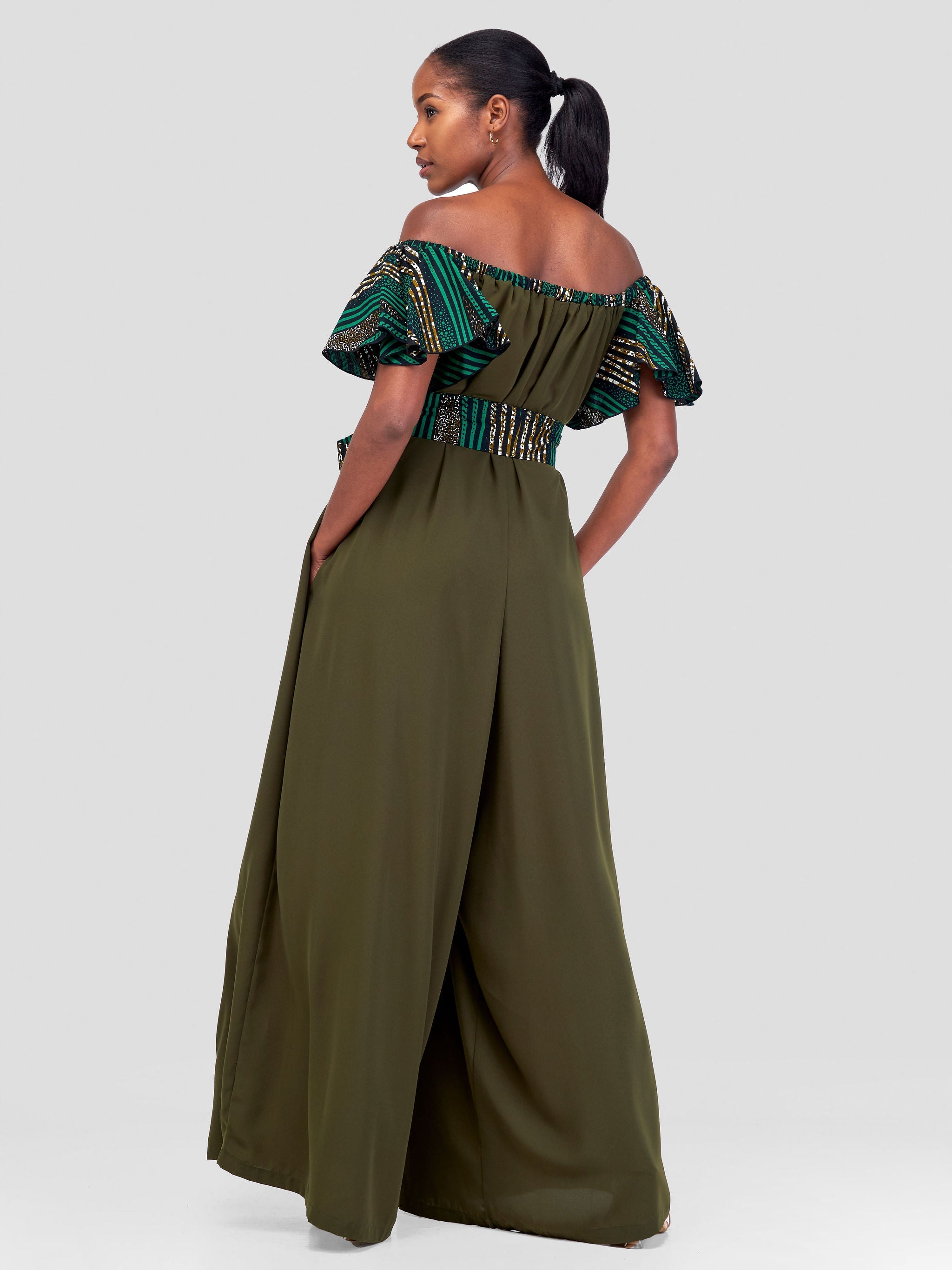 Vivo Fara Off Shoulder Flounce Sleeve Jumpsuit - Hunters Green