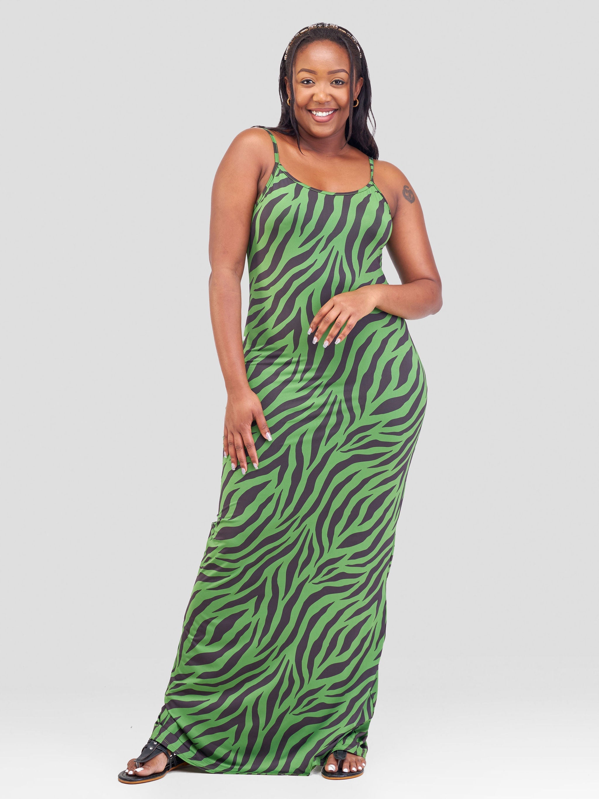 Vivo Sarabi Slip Dress- Green / Brown Milia Print