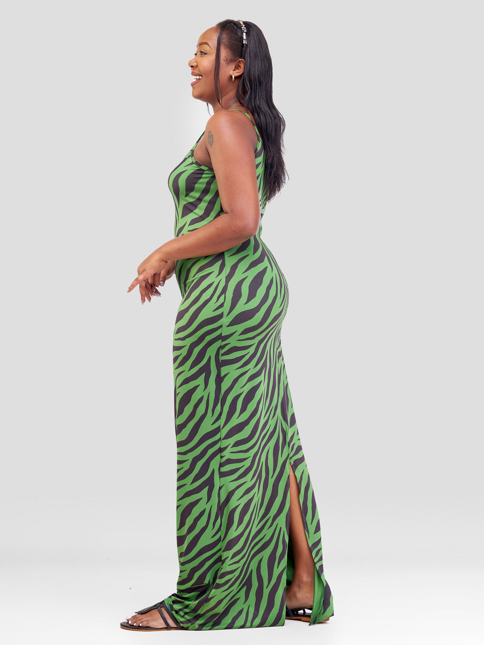 Vivo Sarabi Slip Dress- Green / Brown Milia Print