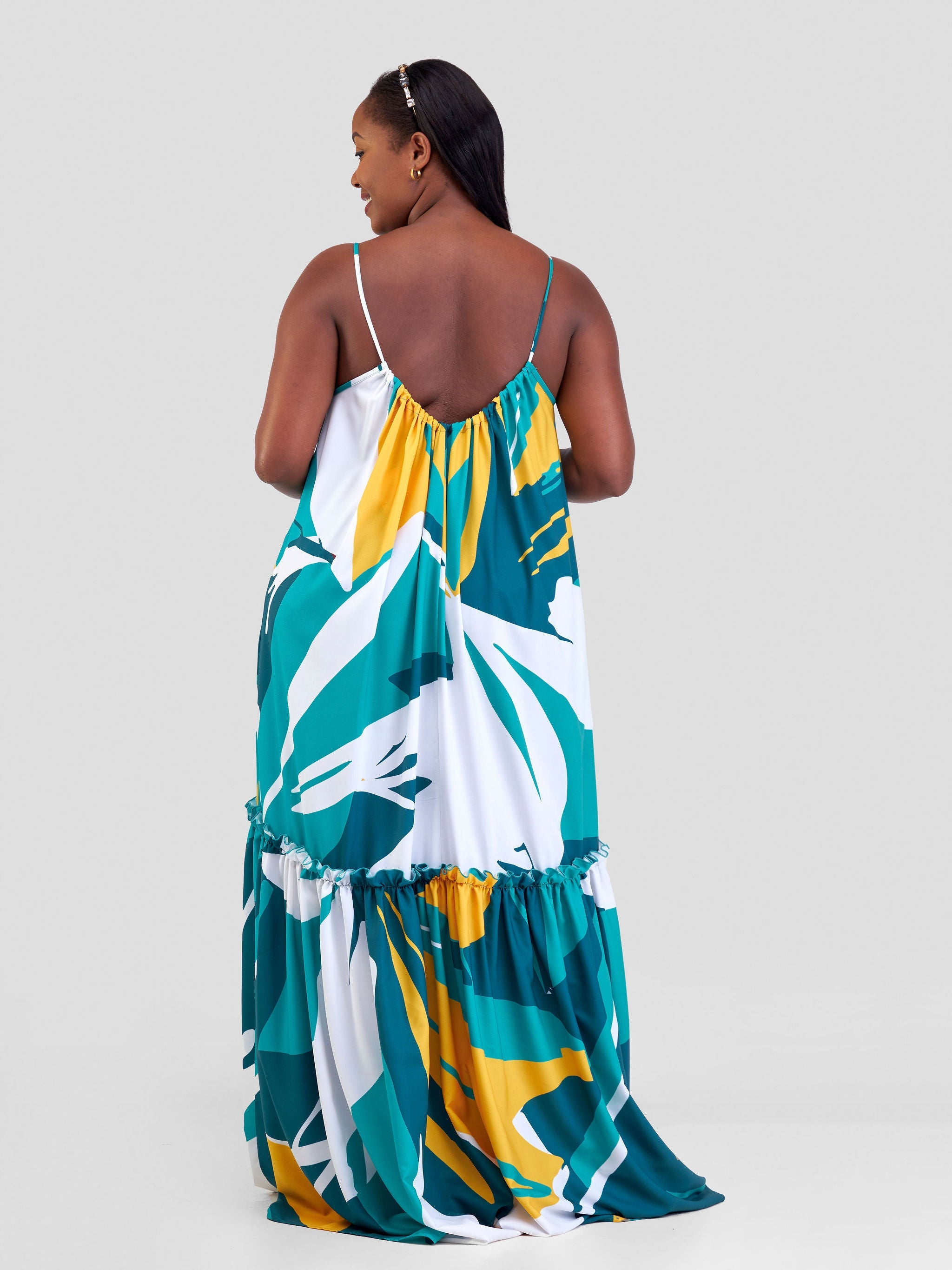 Vivo Sarabi Strappy Flounce Maxi Dress - Teal / Yellow Print