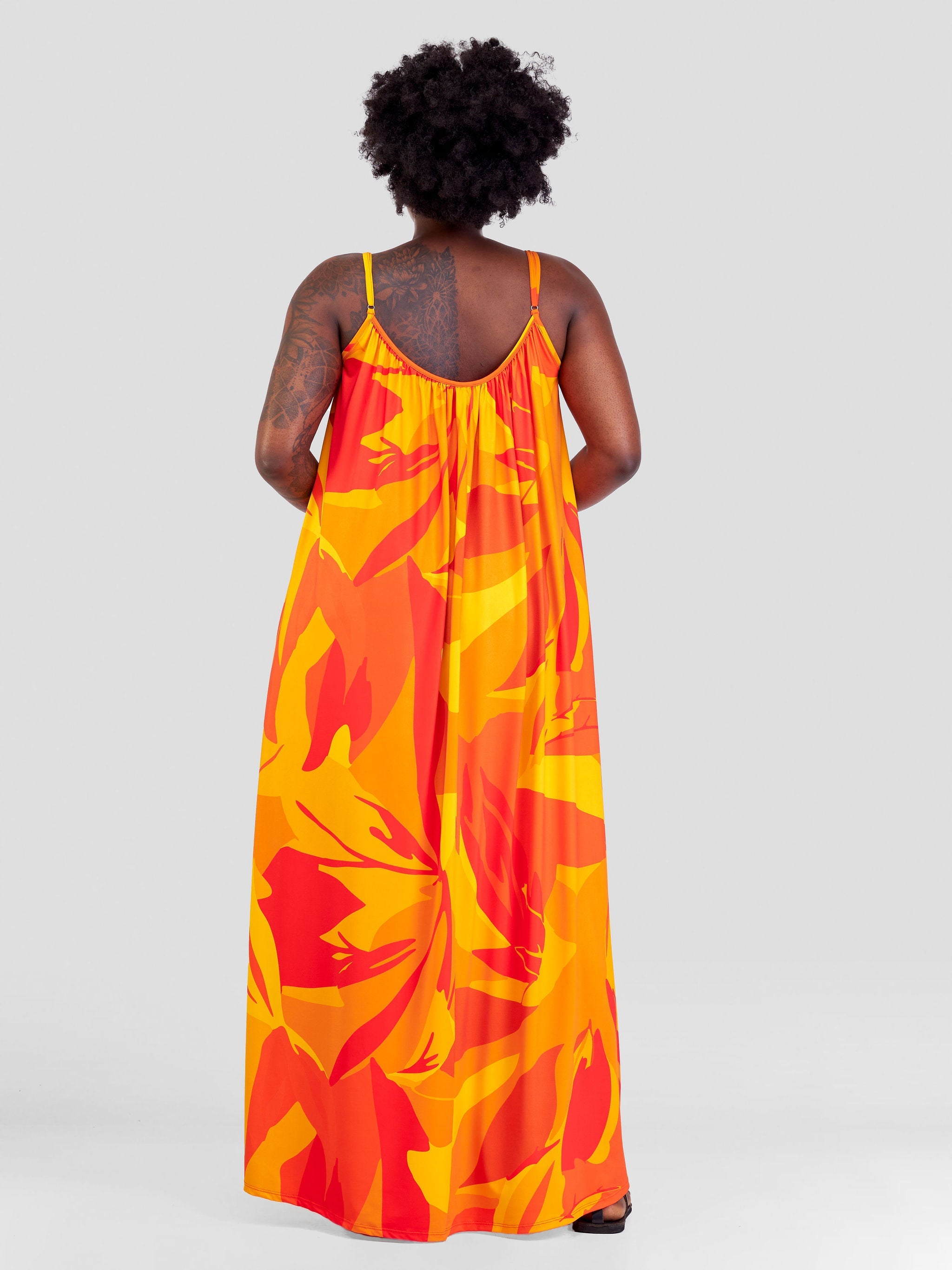 Vivo Sarabi Strappy Low Back Maxi Dress - Safron / Orange Print