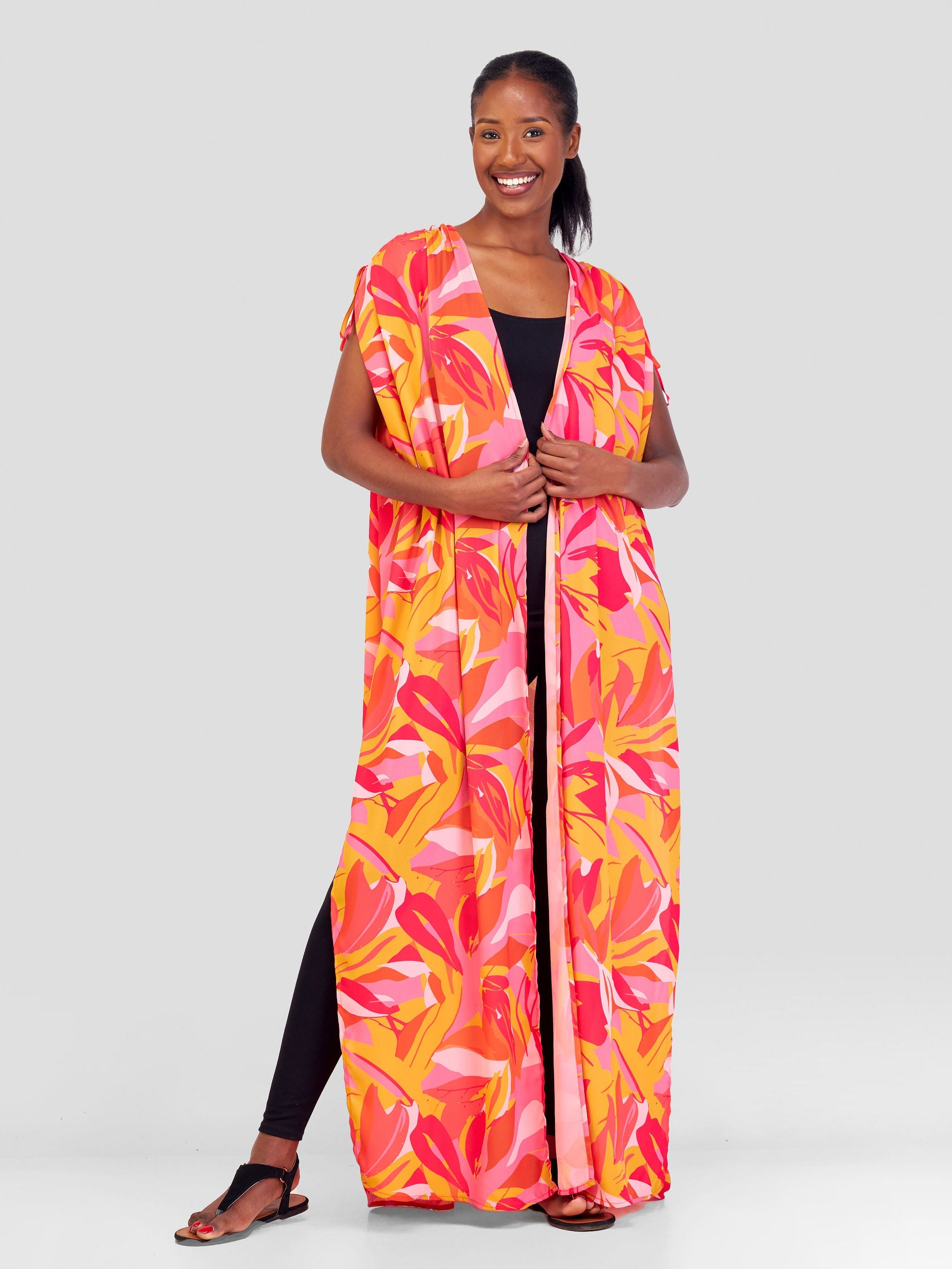 Vivo Sarabi Drawstring Maxi Kimono - Pink / Mustard Print