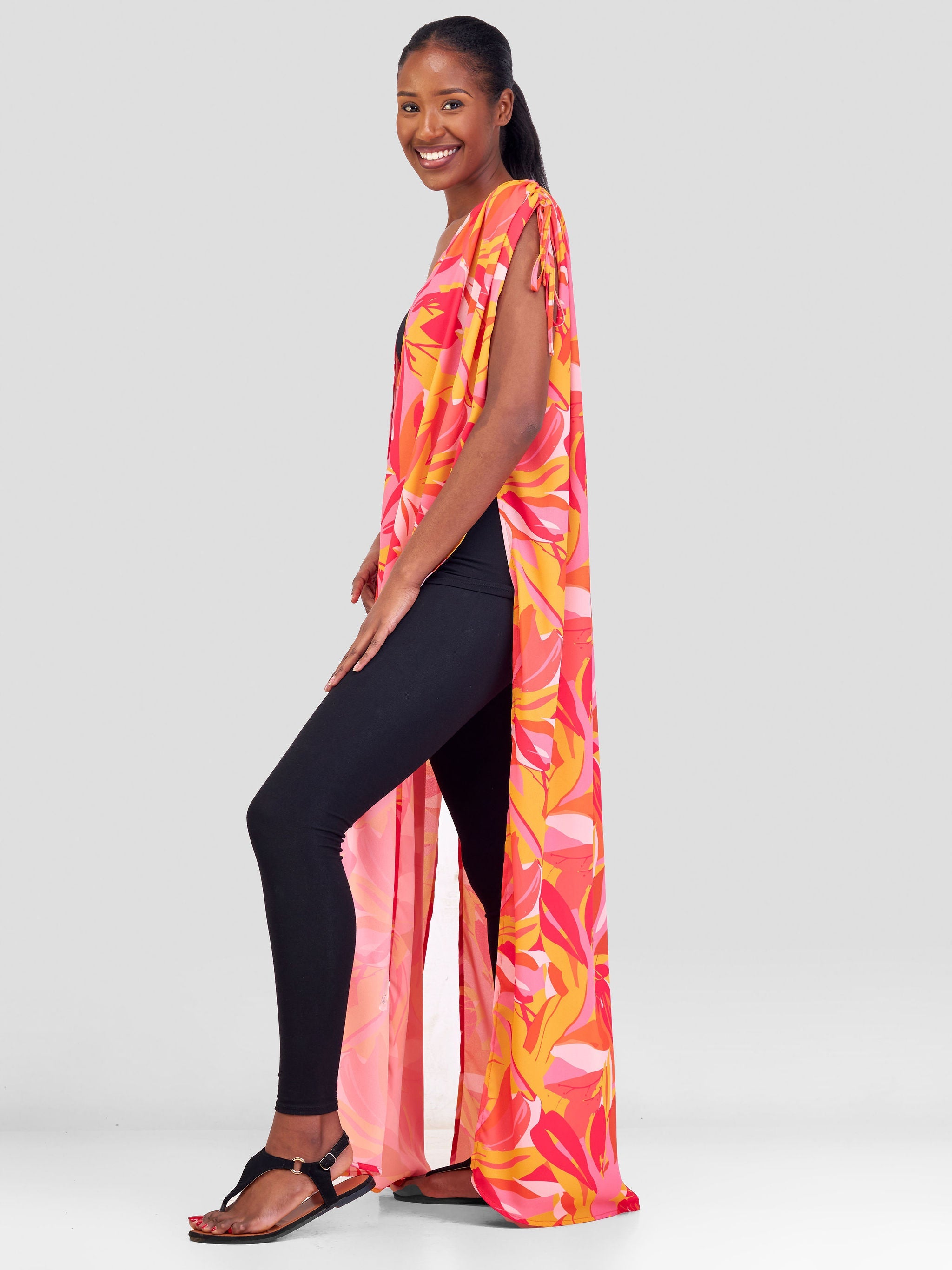 Vivo Sarabi Drawstring Maxi Kimono - Pink / Mustard Print