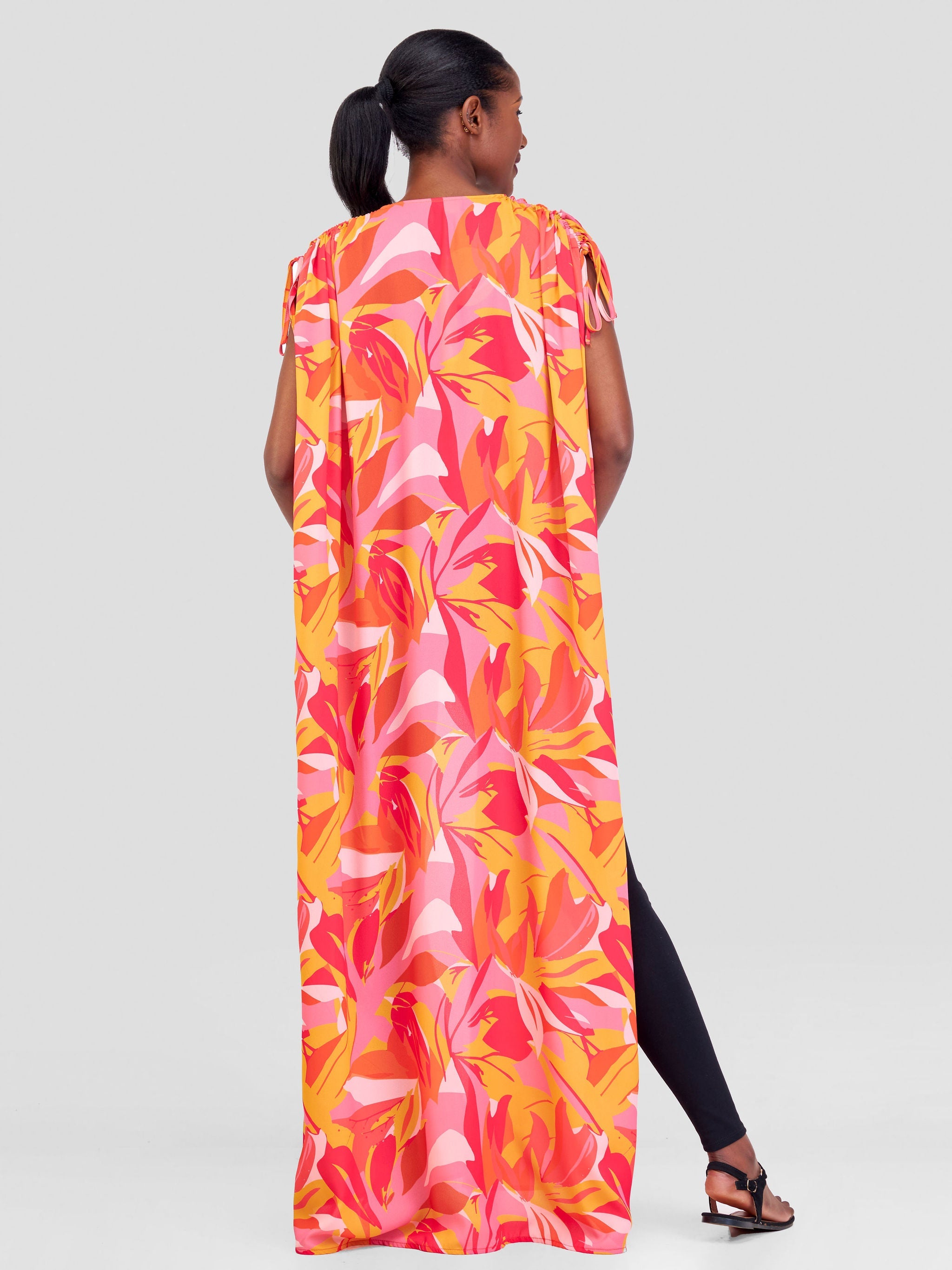 Vivo Sarabi Drawstring Maxi Kimono - Pink / Mustard Print