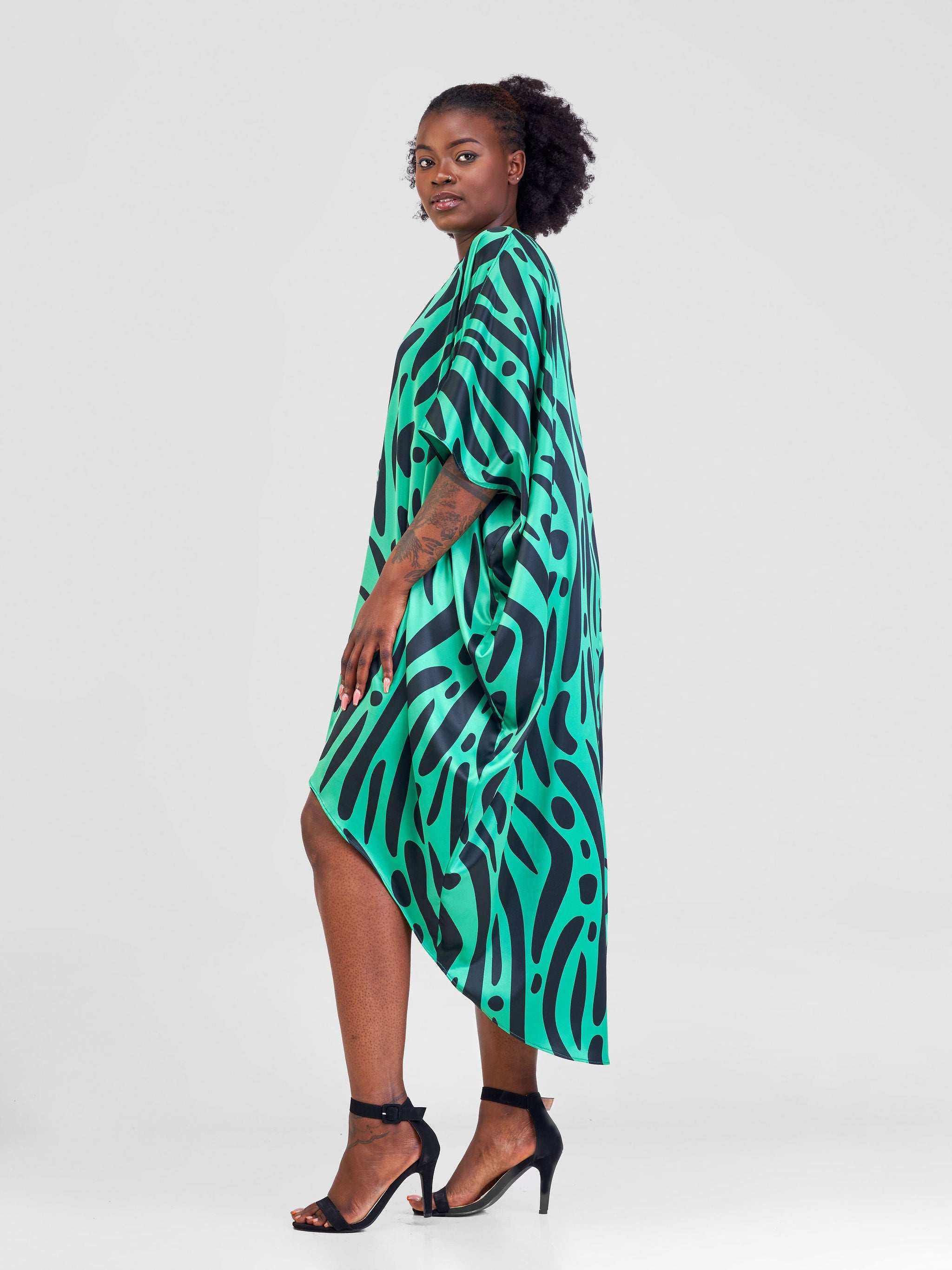 Vivo Lani Satin High Low Dress - Green / Black Print