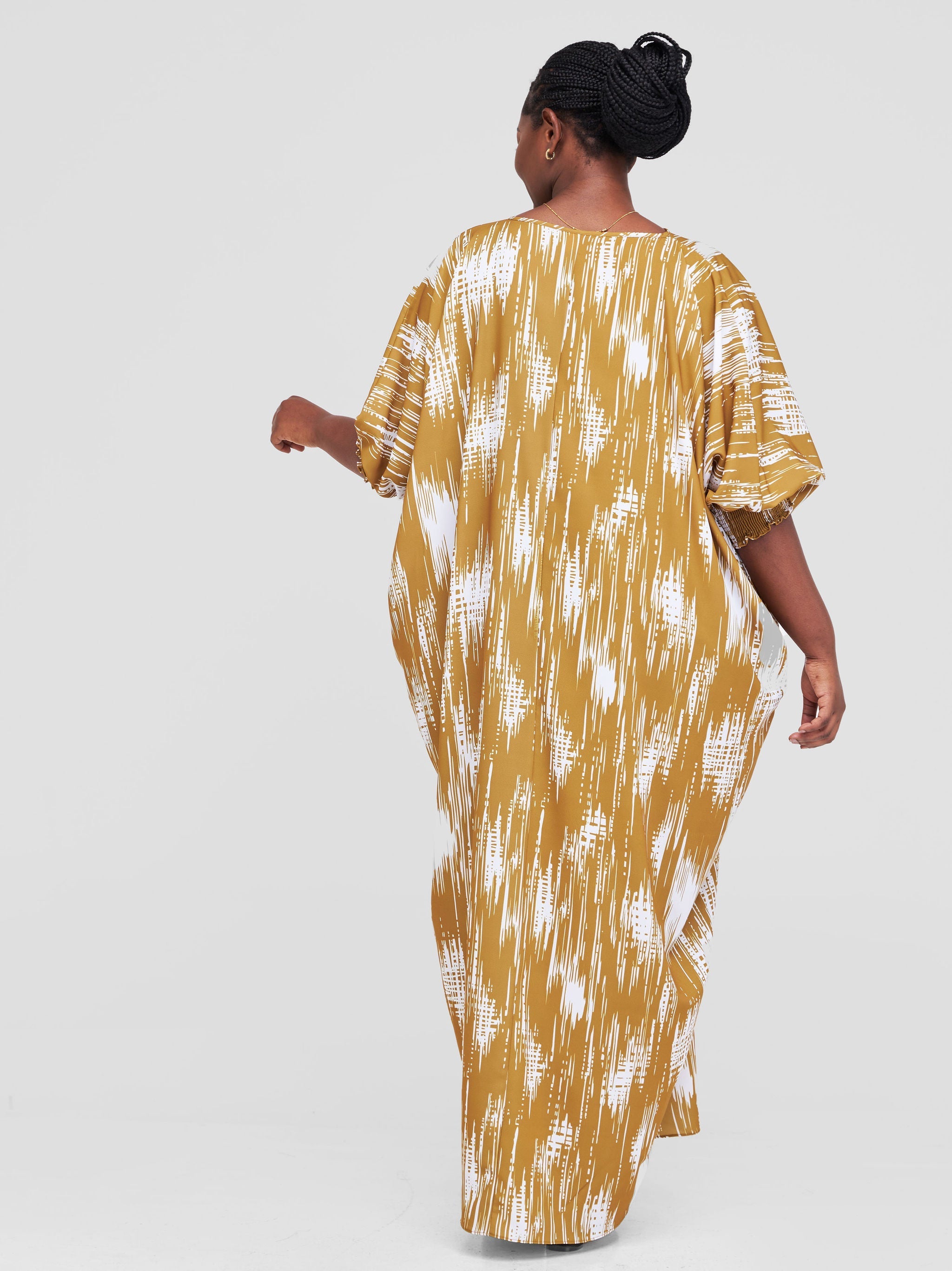 Vivo Wastani Boat Neck Shirred Sleeve Kaftan - Gold / White Abstract Print