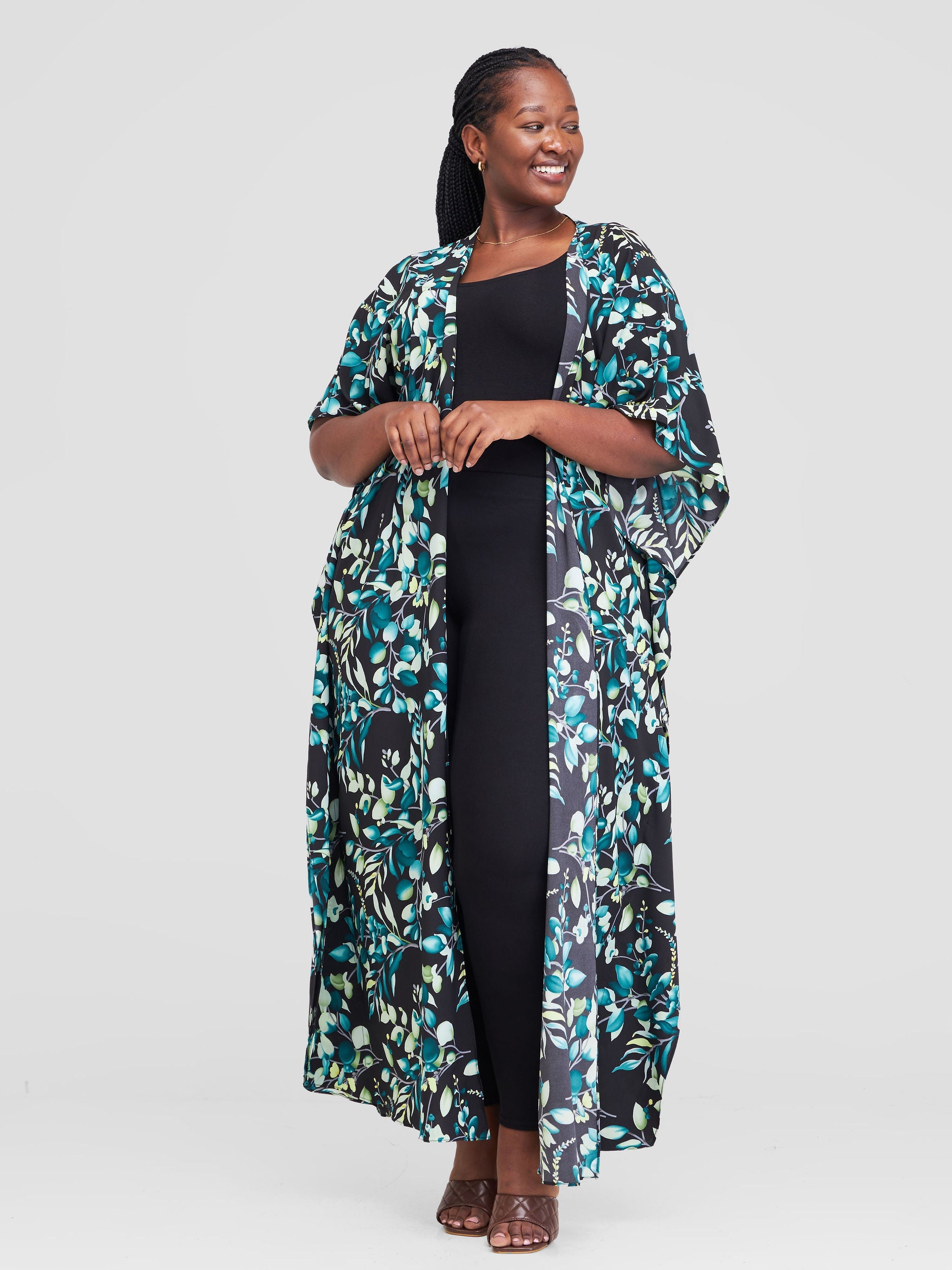 Vivo Maisha Maxi Kimono Cover Up - Teal / Black Floral Print