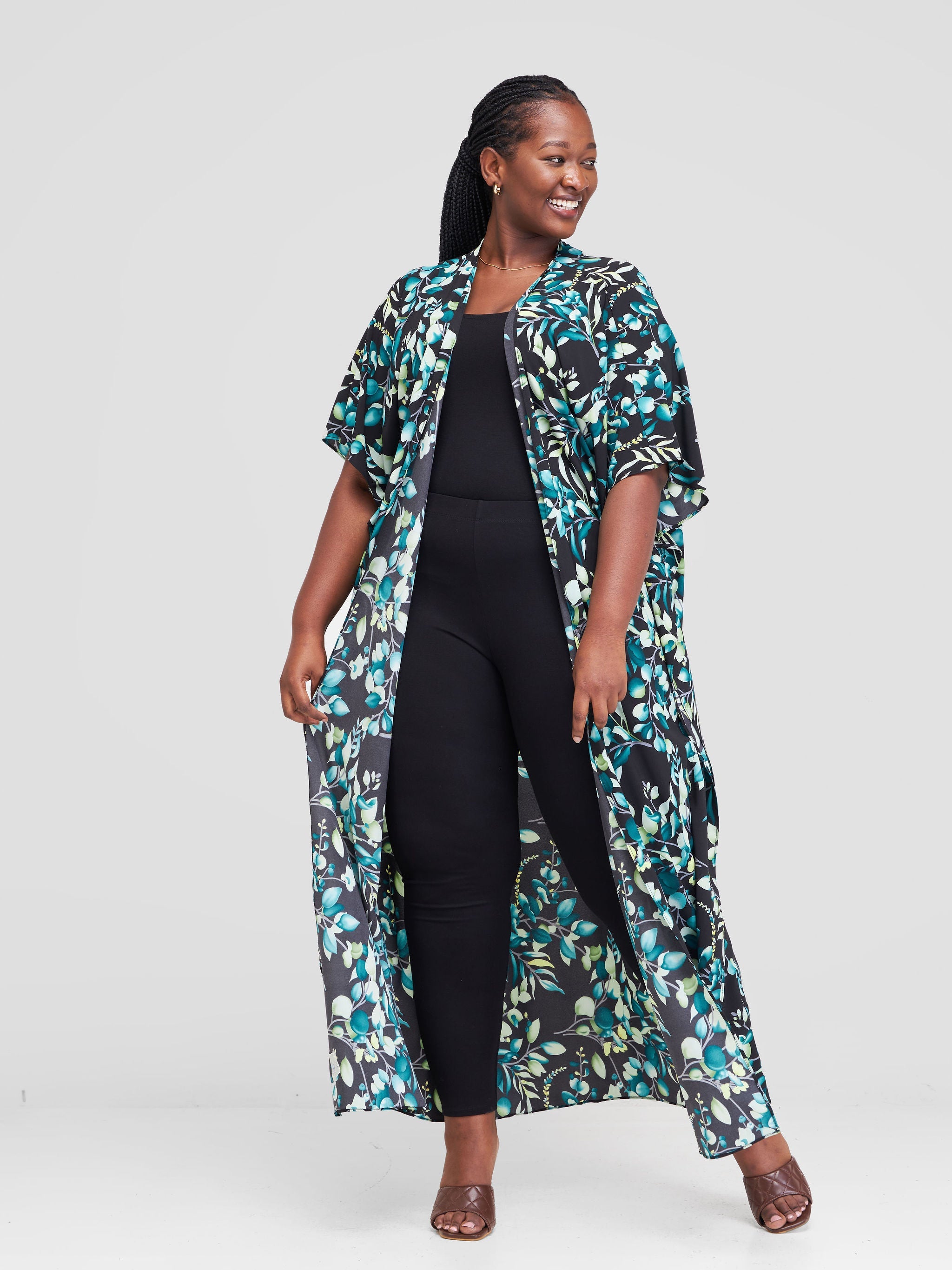 Vivo Maisha Maxi Kimono Cover Up - Teal / Black Floral Print