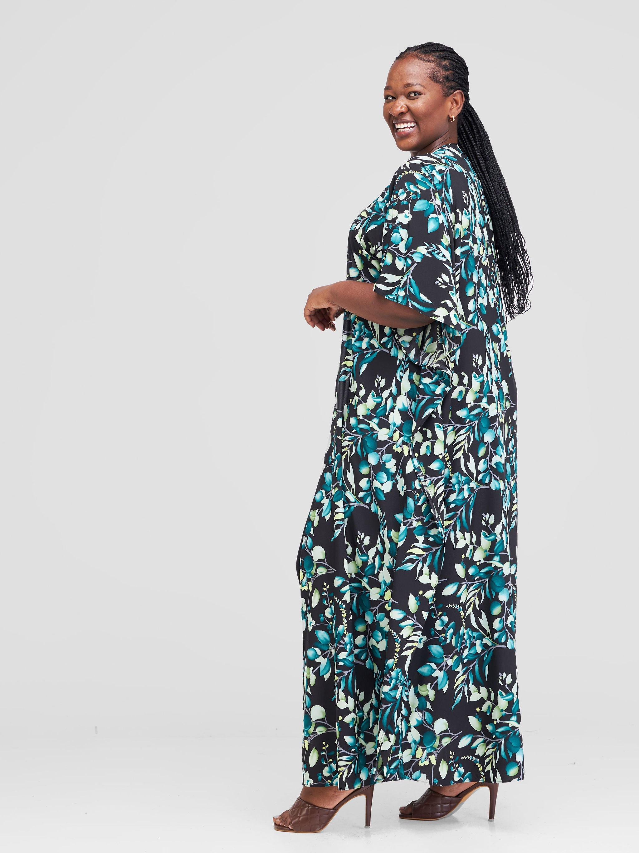 Vivo Maisha Maxi Kimono Cover Up - Teal / Black Floral Print