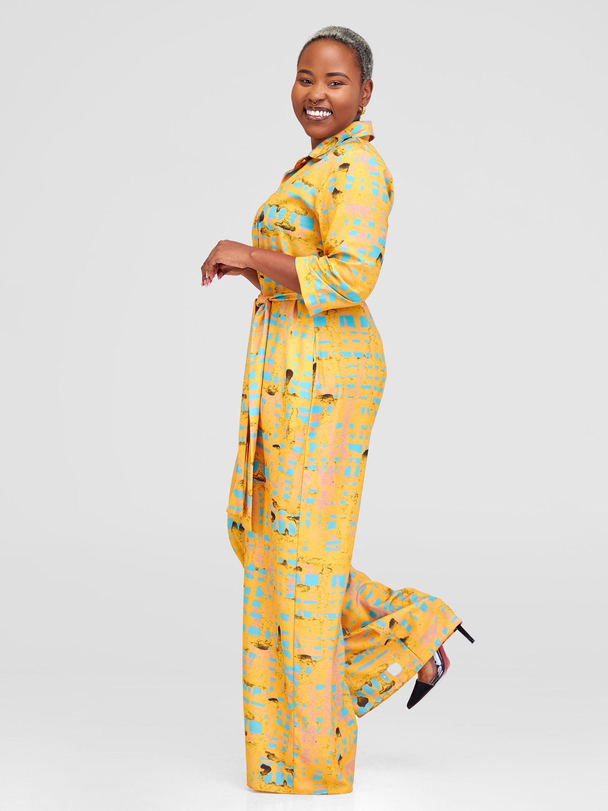 Vivo Ziwa 3/4 Sleeve Collar Jumpsuit - Mustard / Teal Zuri Abstract Print