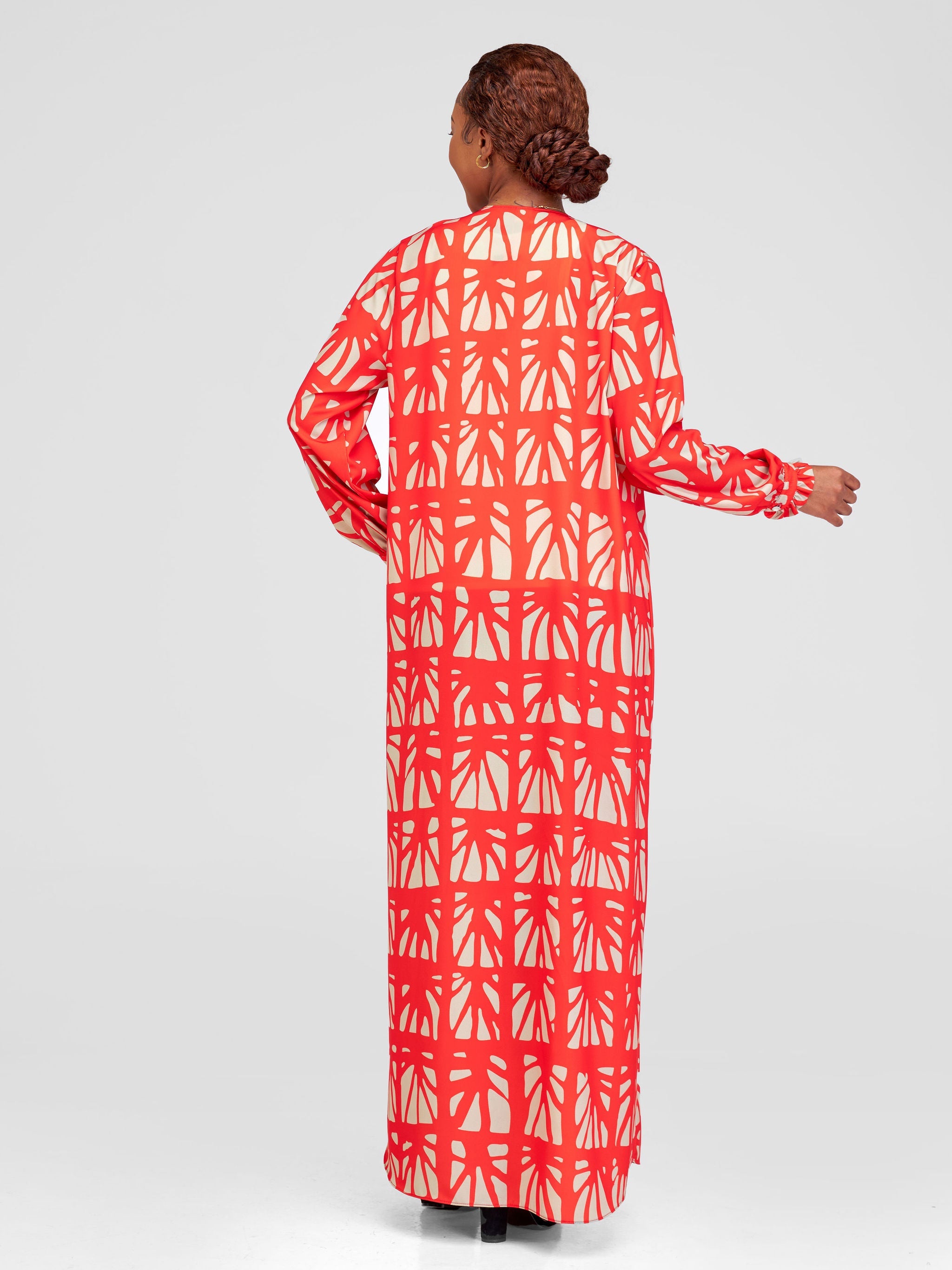 Vivo Ziwa Long Sleeve Ruffle Cuff Maxi Kimono - Red / Taupe Mtende Abstract Print