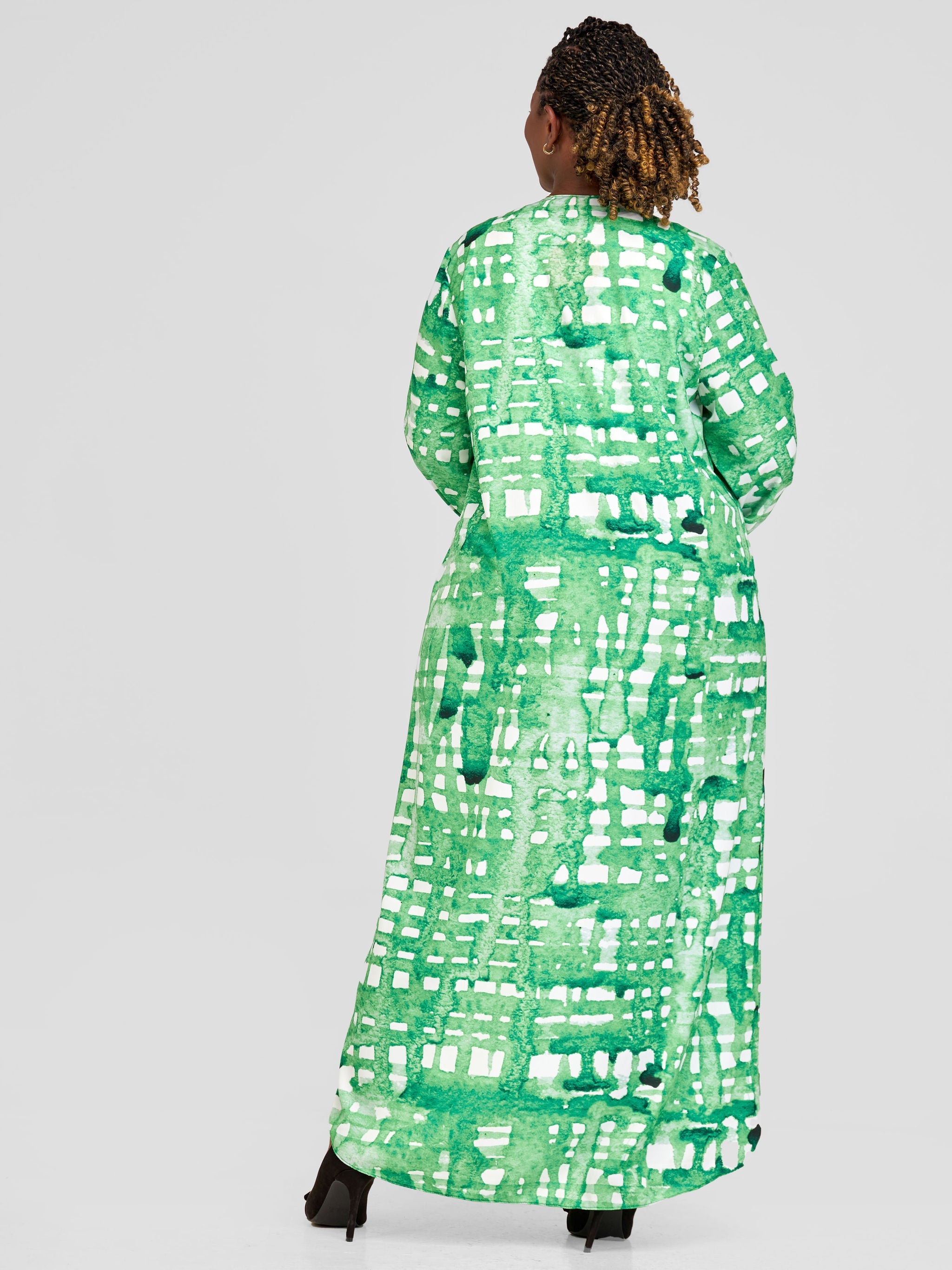 Vivo Ziwa Long Sleeve Ruffle Cuff Maxi Kimono - Green / Off White Zuri Abstract Print