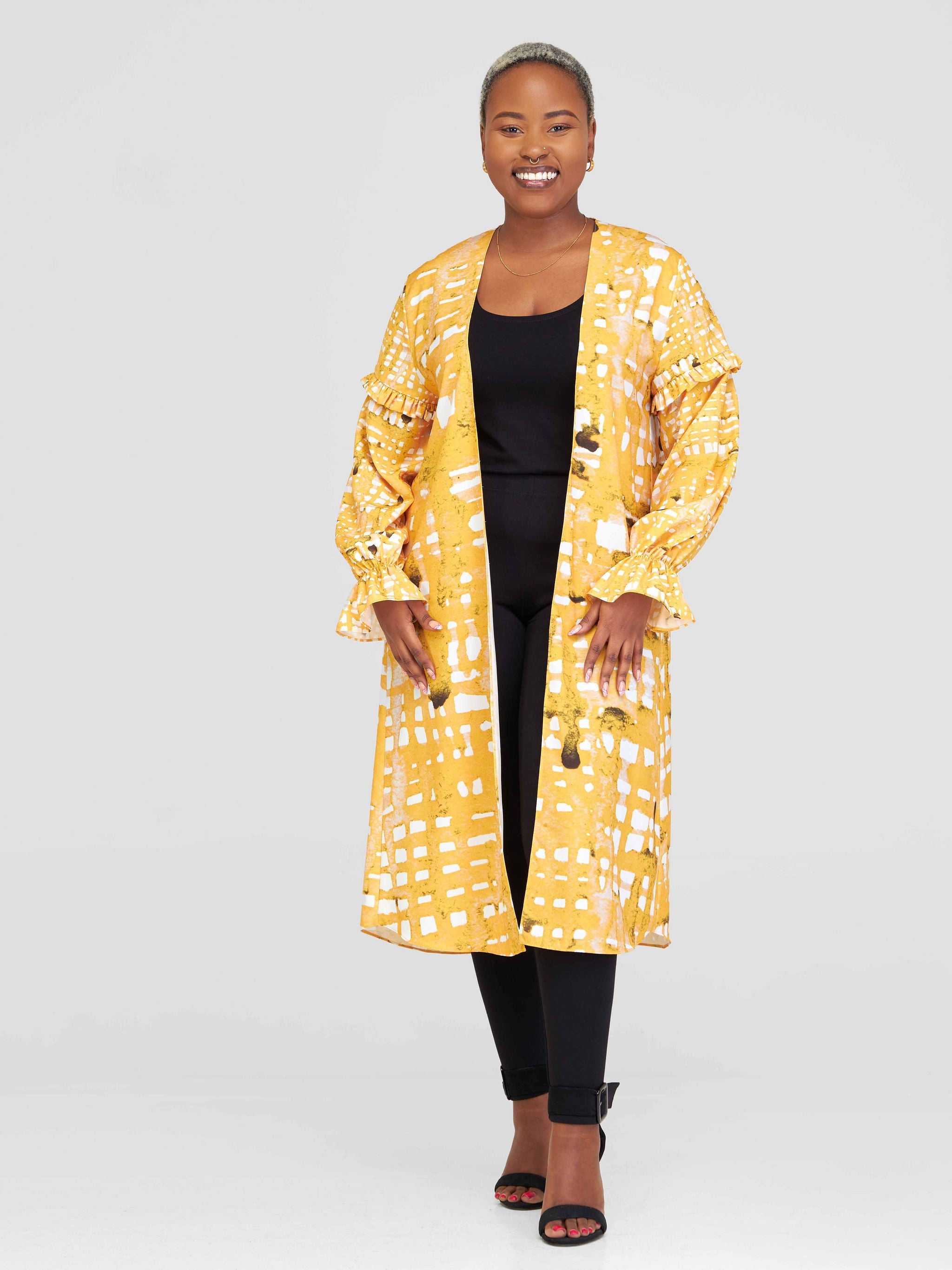 Vivo Ziwa Long Sleeve Ruffle Midi Kimono - Mustard / Off White Zuri Abstract Print