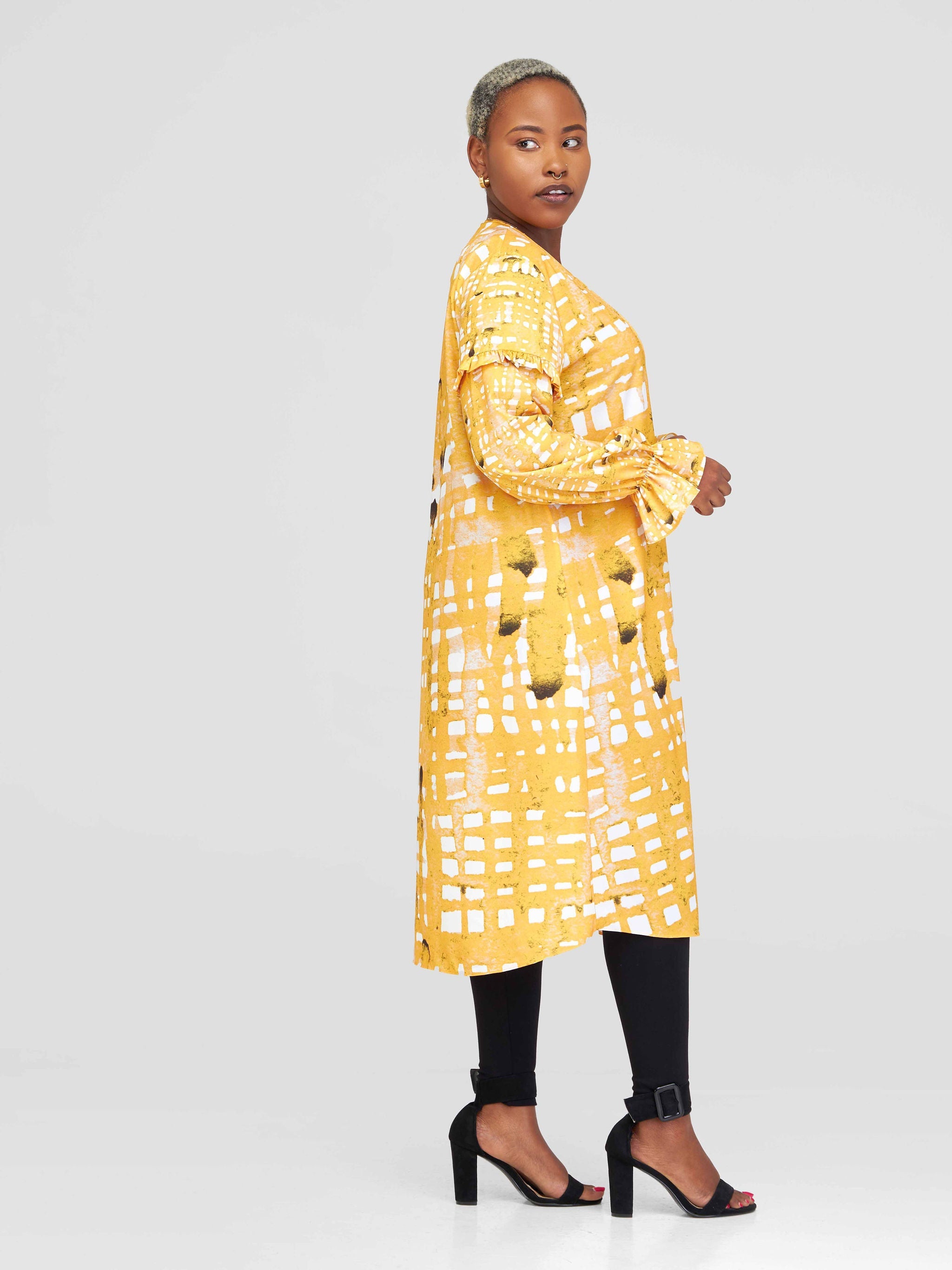 Vivo Ziwa Long Sleeve Ruffle Midi Kimono - Mustard / Off White Zuri Abstract Print