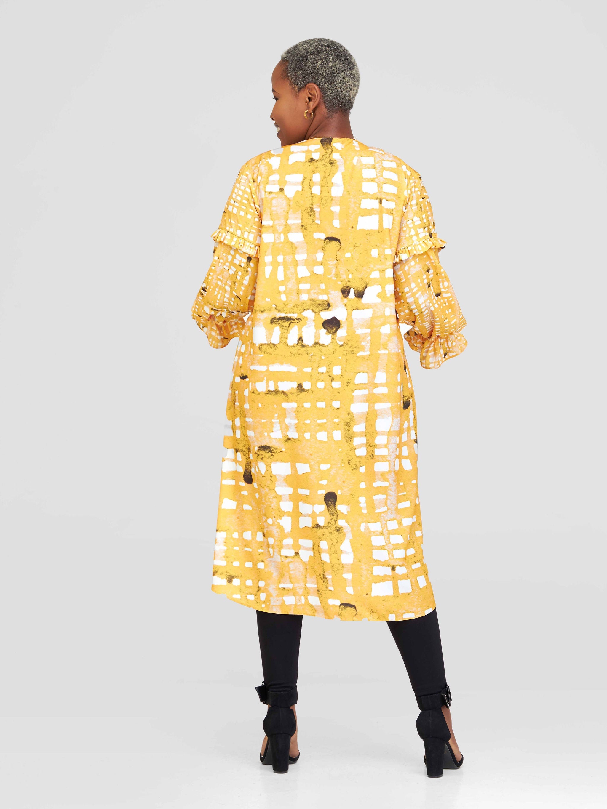 Vivo Ziwa Long Sleeve Ruffle Midi Kimono - Mustard / Off White Zuri Abstract Print