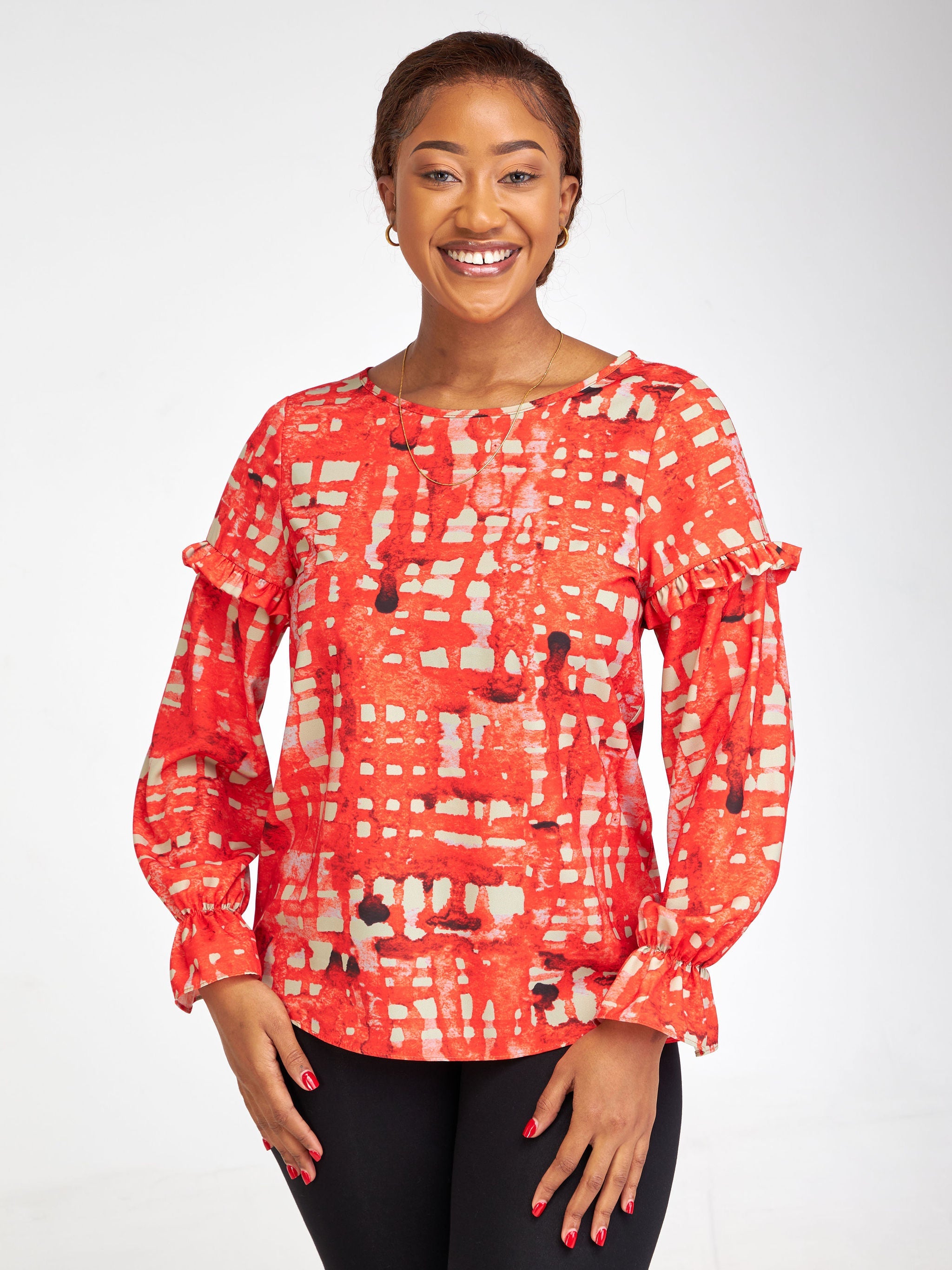 Vivo Ziwa Long Sleeve Ruffled Top - Red / Taupe Zuri Abstract Print