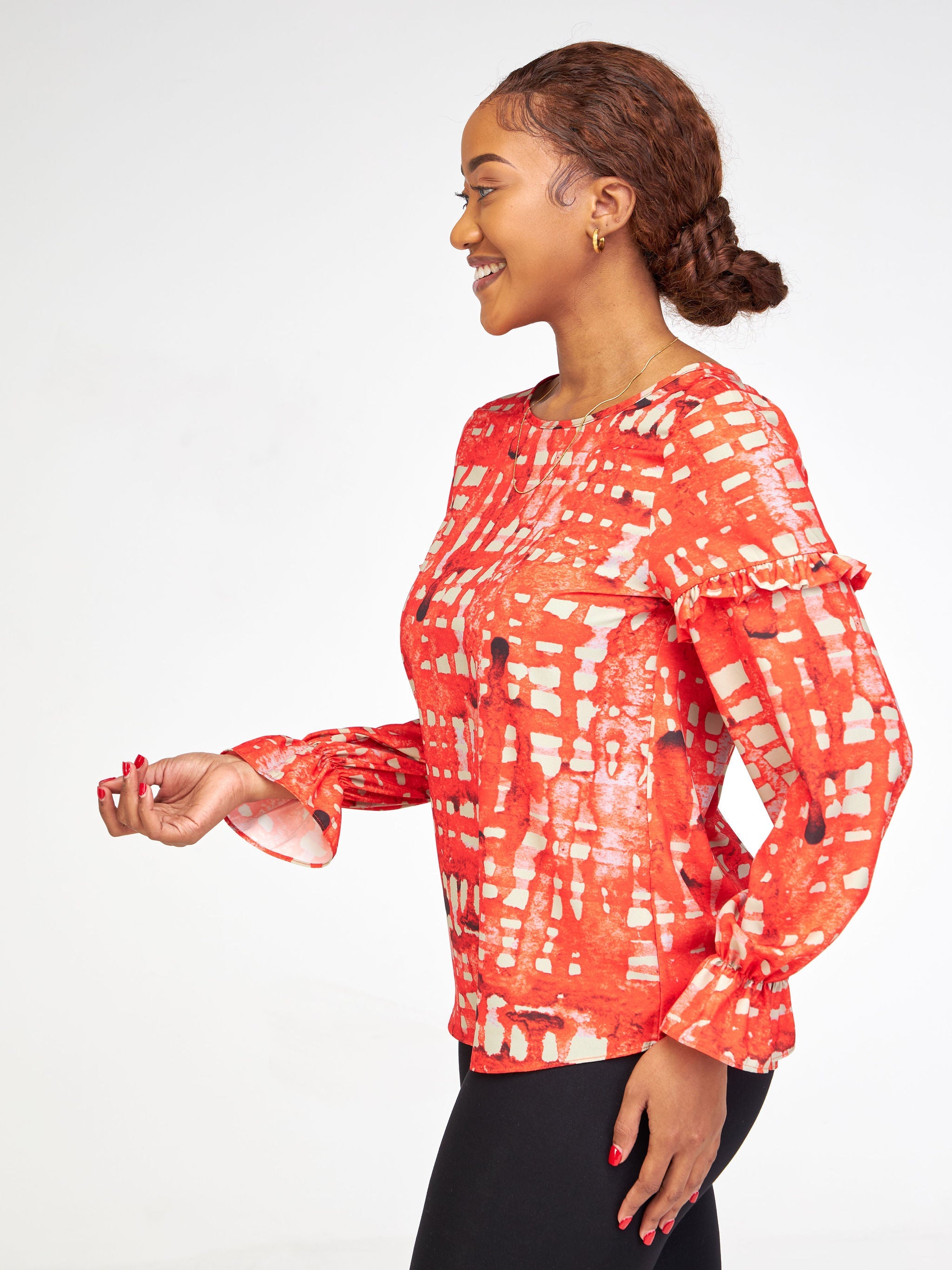 Vivo Ziwa Long Sleeve Ruffled Top - Red / Taupe Zuri Abstract Print