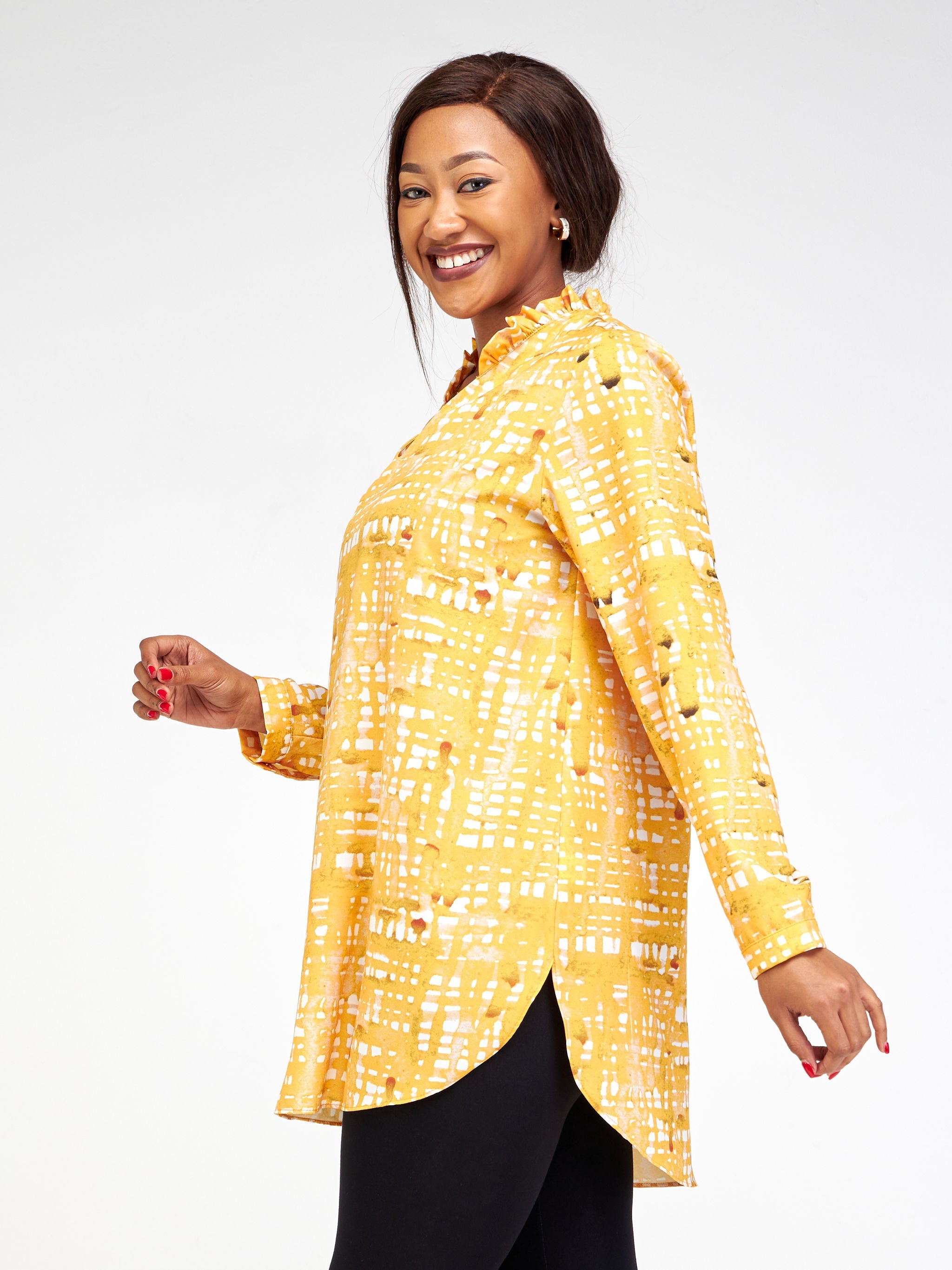 Vivo Ziwa Long Sleeve Ruffled Collar Tunic - Mustard / Off White Zuri Abstract Print