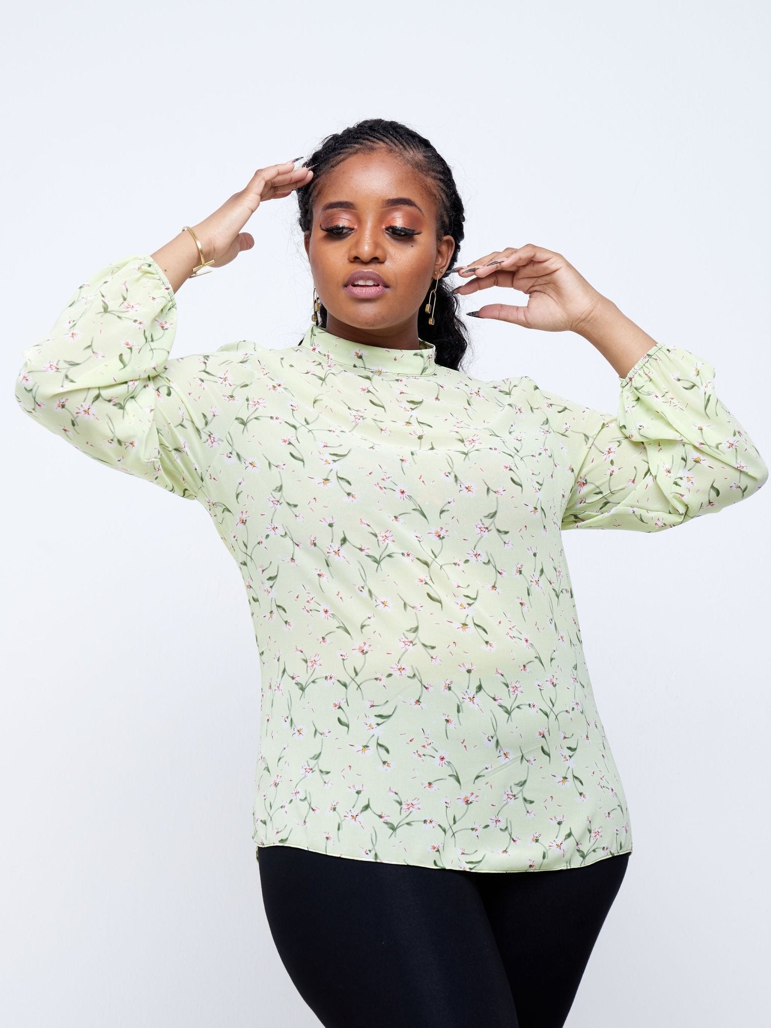 Vivo Tana Mock Neck Bishop Sleeve Top - Green Floral Print