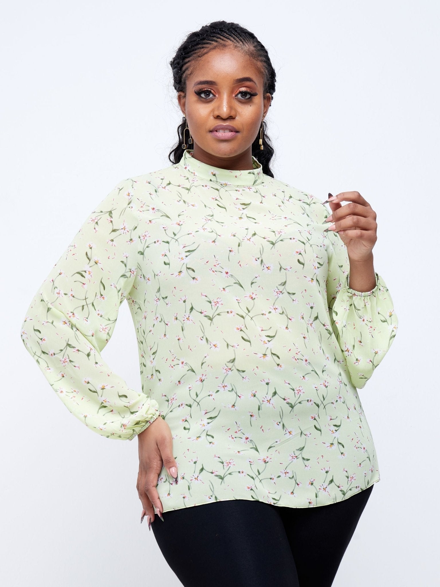 Vivo Tana Mock Neck Bishop Sleeve Top - Green Floral Print